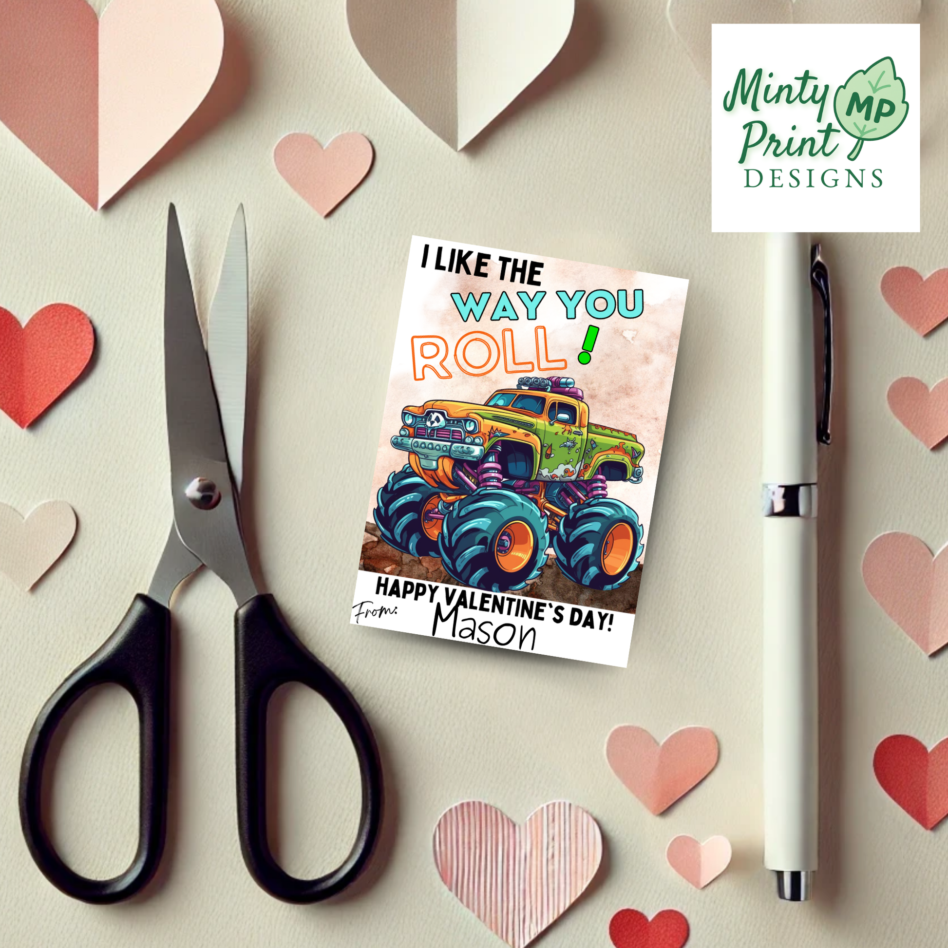 Monster truck Valentine cards with fun phrases, printable Valentines for school kids