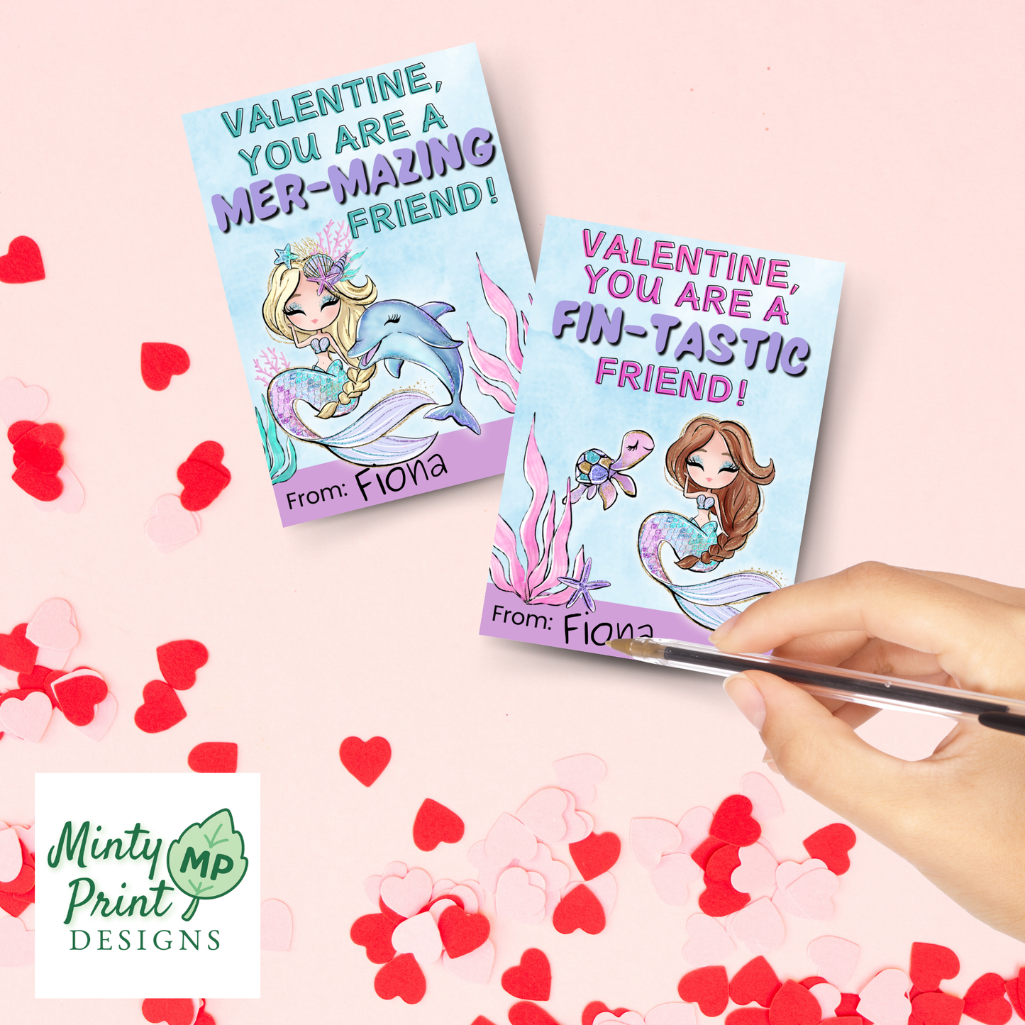 Cute mermaid classroom Valentine with under-the-sea graphics, instant download printable