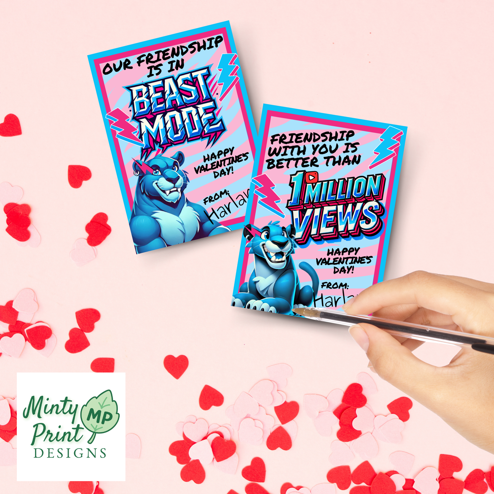 Printable neon panther valentine cards with bold gamer-style colors, lightning bolts, candy bar theme, and a beast-mode vibe great for kids who love gaming creators.