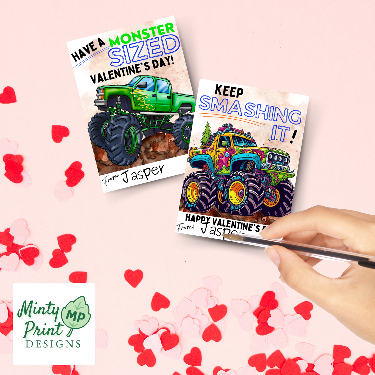 Printable monster truck Valentines PDF showing 2 cards per page for easy printing