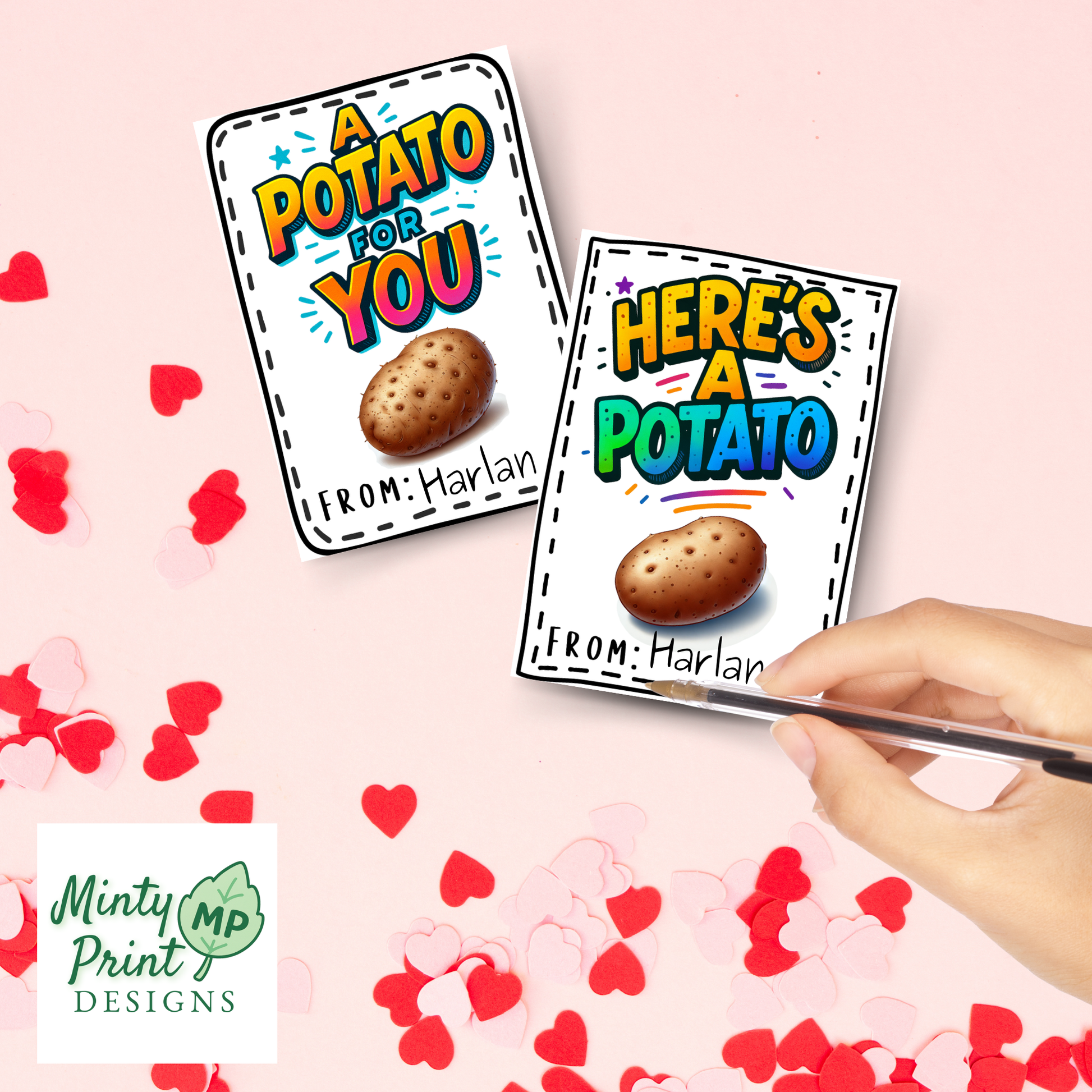 Printable valentine card with bright neon text saying You Deserve a Potato and a realistic potato graphic on a clean white background.