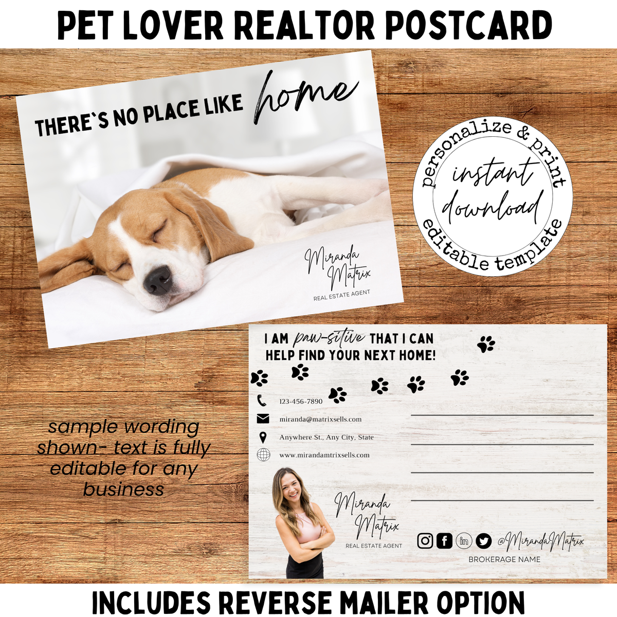 Pet lover realtor postcard with sleeping dog and There’s No Place Like Home real estate message