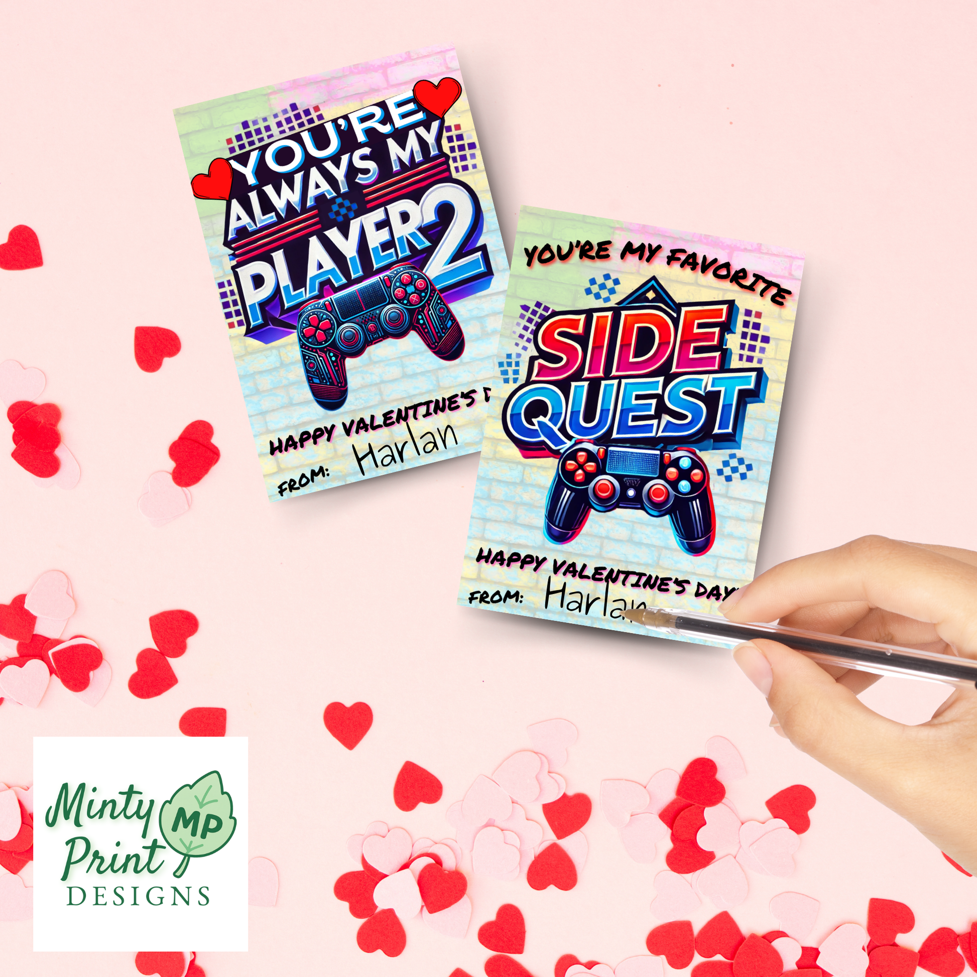 Digital gamer Valentine cards with video-game controller graphics in PlayStation-style and Xbox-style colors. Printable cards for kids who love gaming.