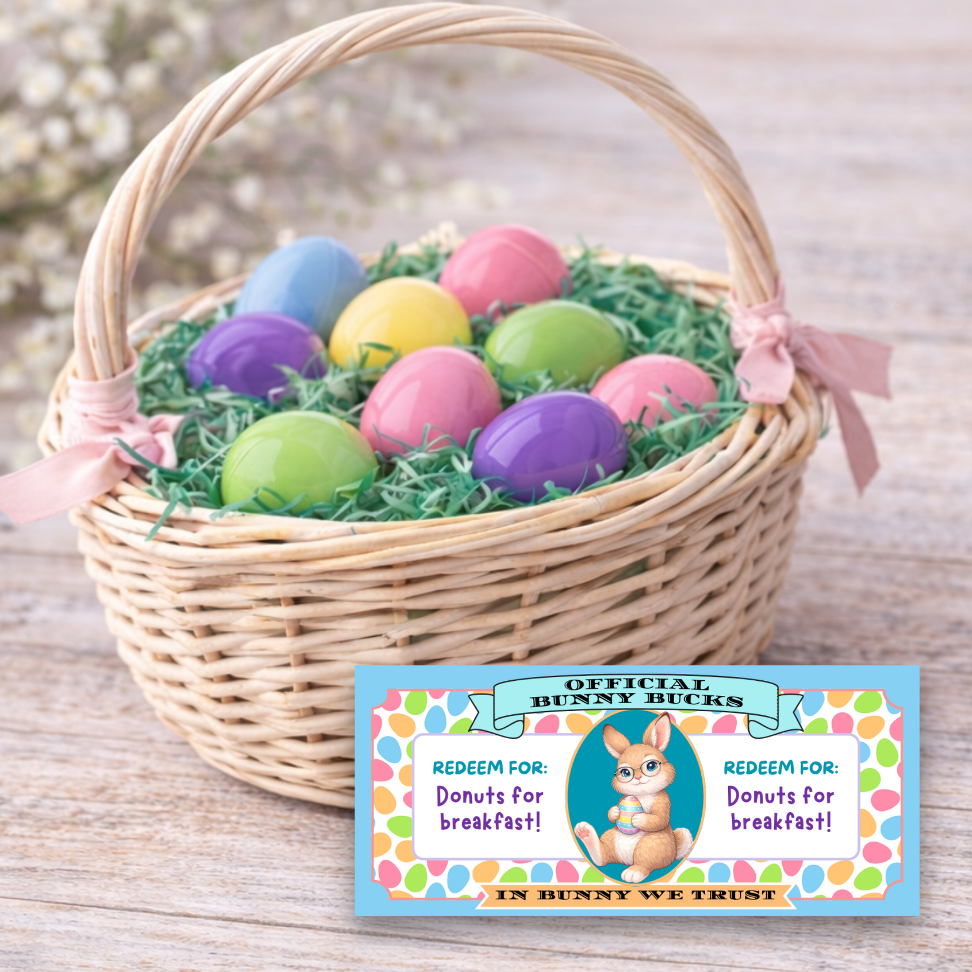 Printable Bunny Bucks reward coupon displayed in front of an Easter basket filled with colorful eggs on a rustic wooden table.