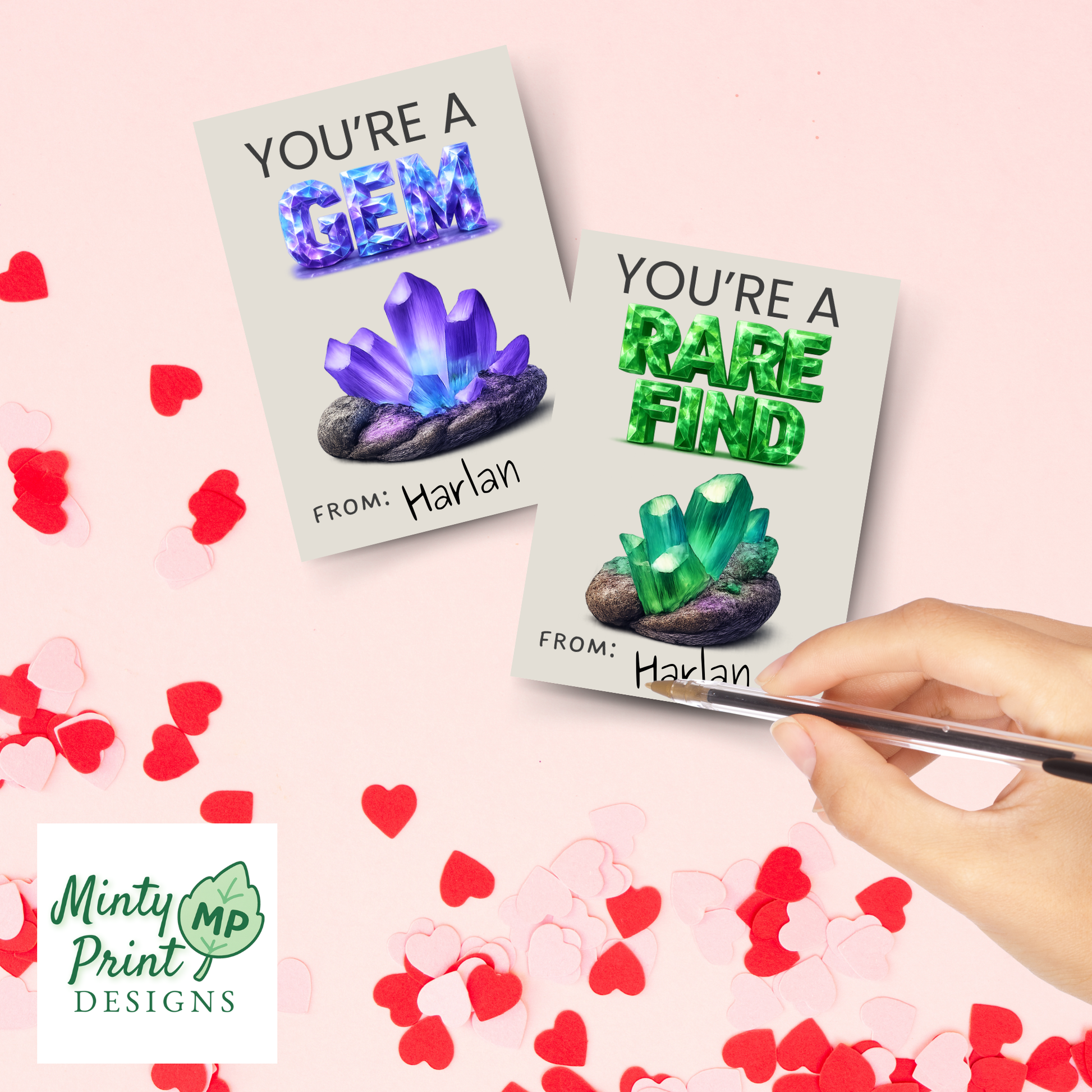 Printable “You’re a Gem” Valentine card with crystal gemstone lettering and purple crystal rock, valentines for boys