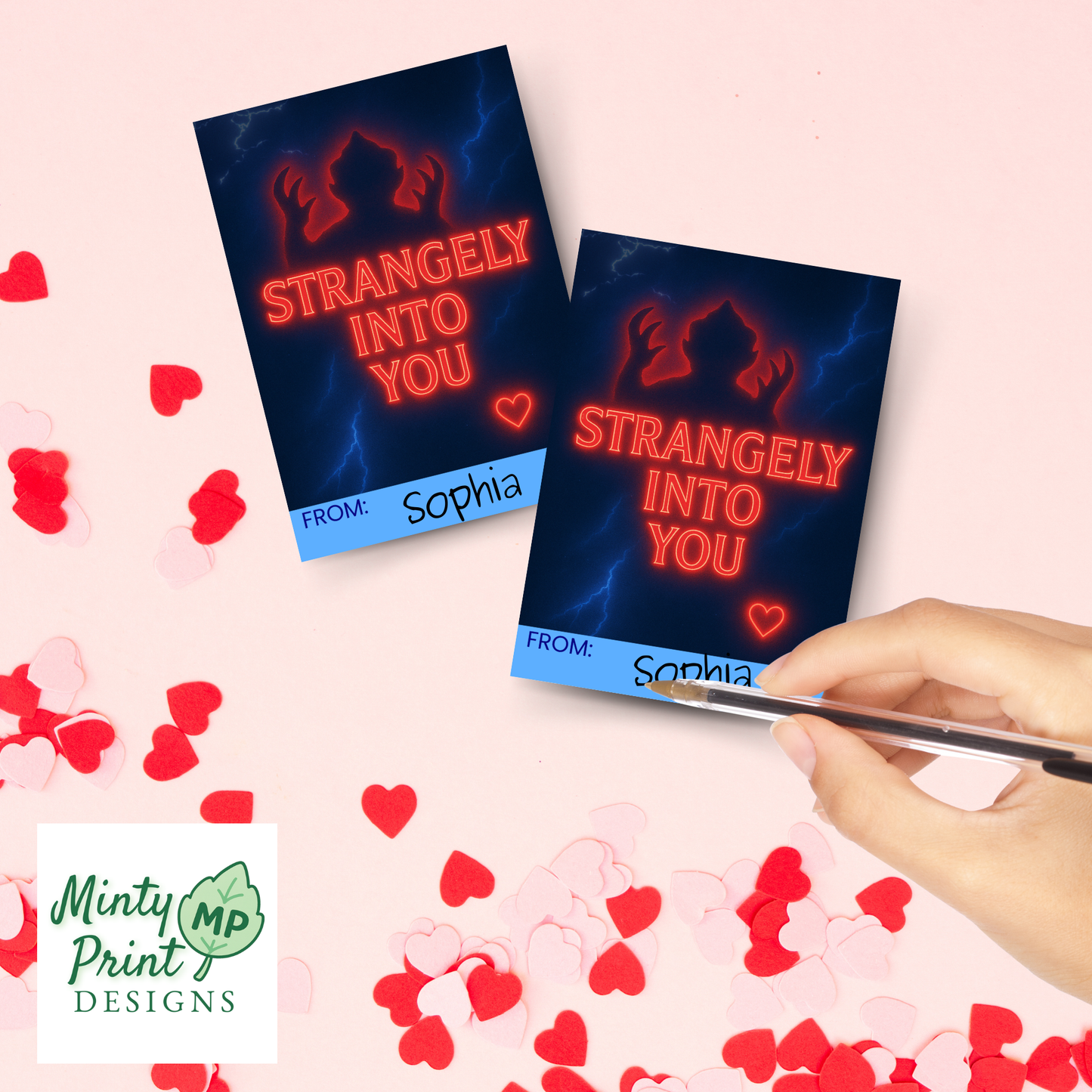 Printable neon 80s Valentine with spooky sci-fi creature artwork for school exchanges