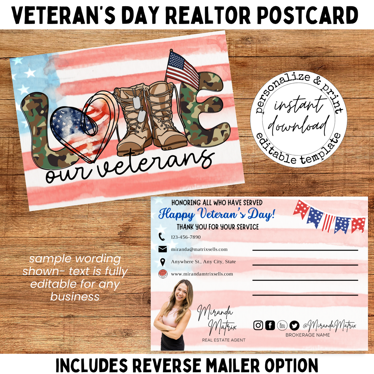 Veterans Day realtor postcard with American flag, military boots and Love Our Veterans message