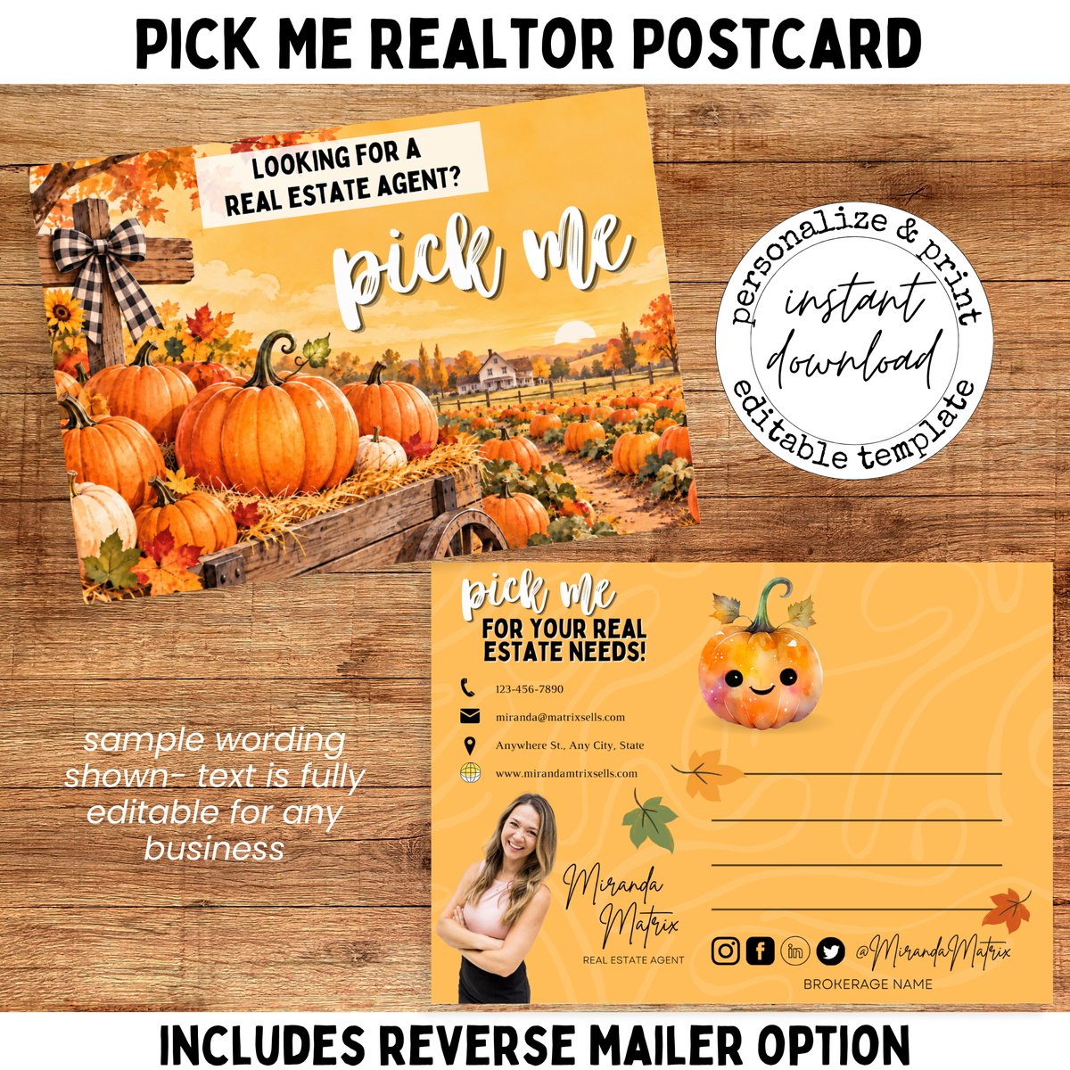 Fall realtor postcard template with pumpkin patch scene and Pick Me real estate marketing message