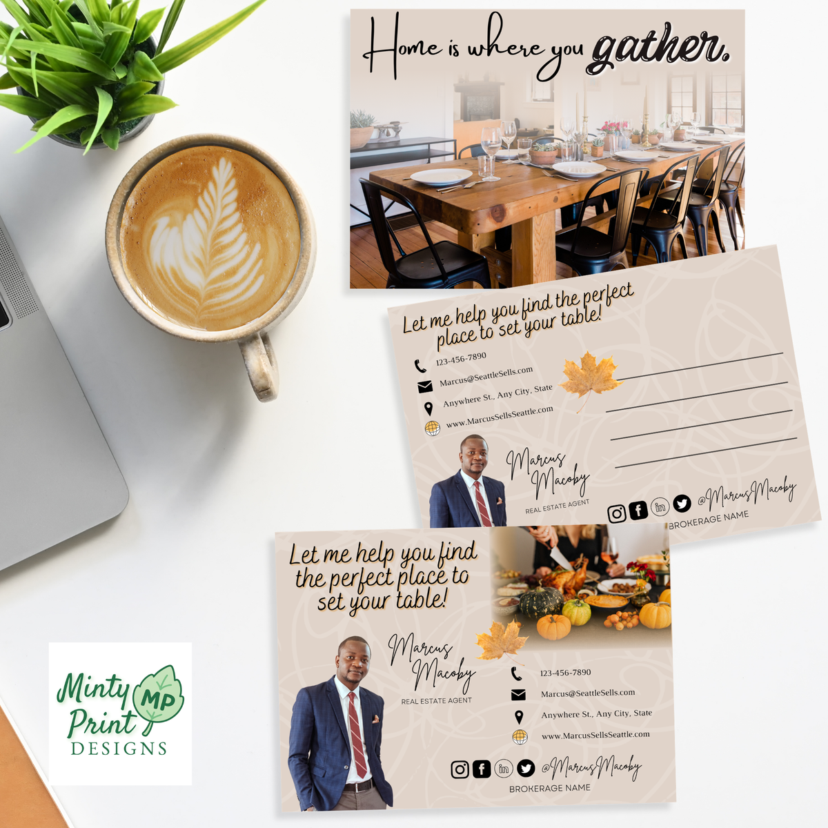 Editable Thanksgiving realtor mailing postcard with address lines, agent branding, autumn leaf and seasonal real estate message