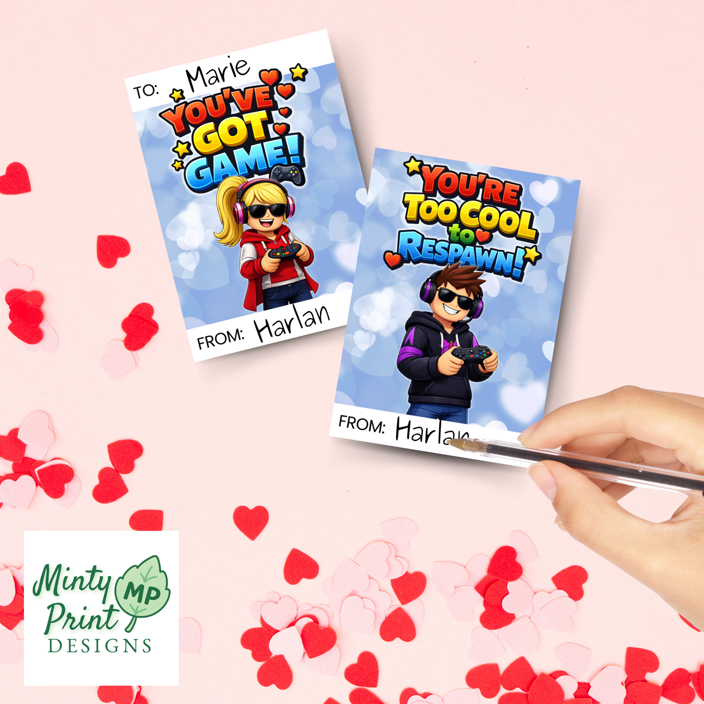 Roblox-style Valentine cards printable for classroom Valentine’s Day