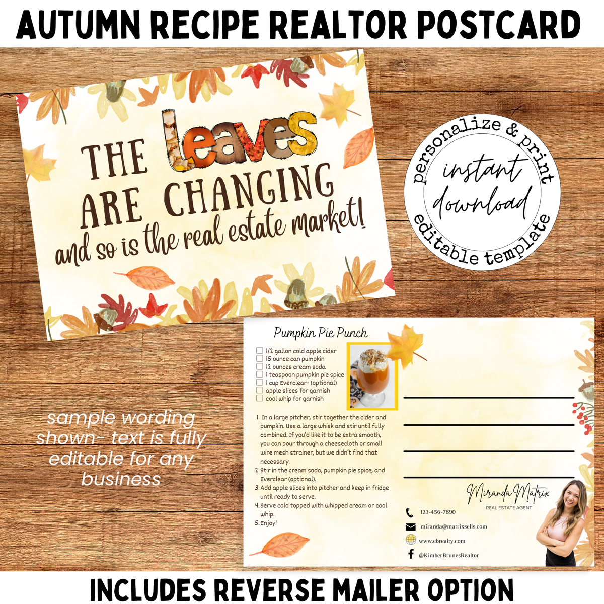 Fall realtor postcard with autumn leaves and The Leaves Are Changing real estate market message