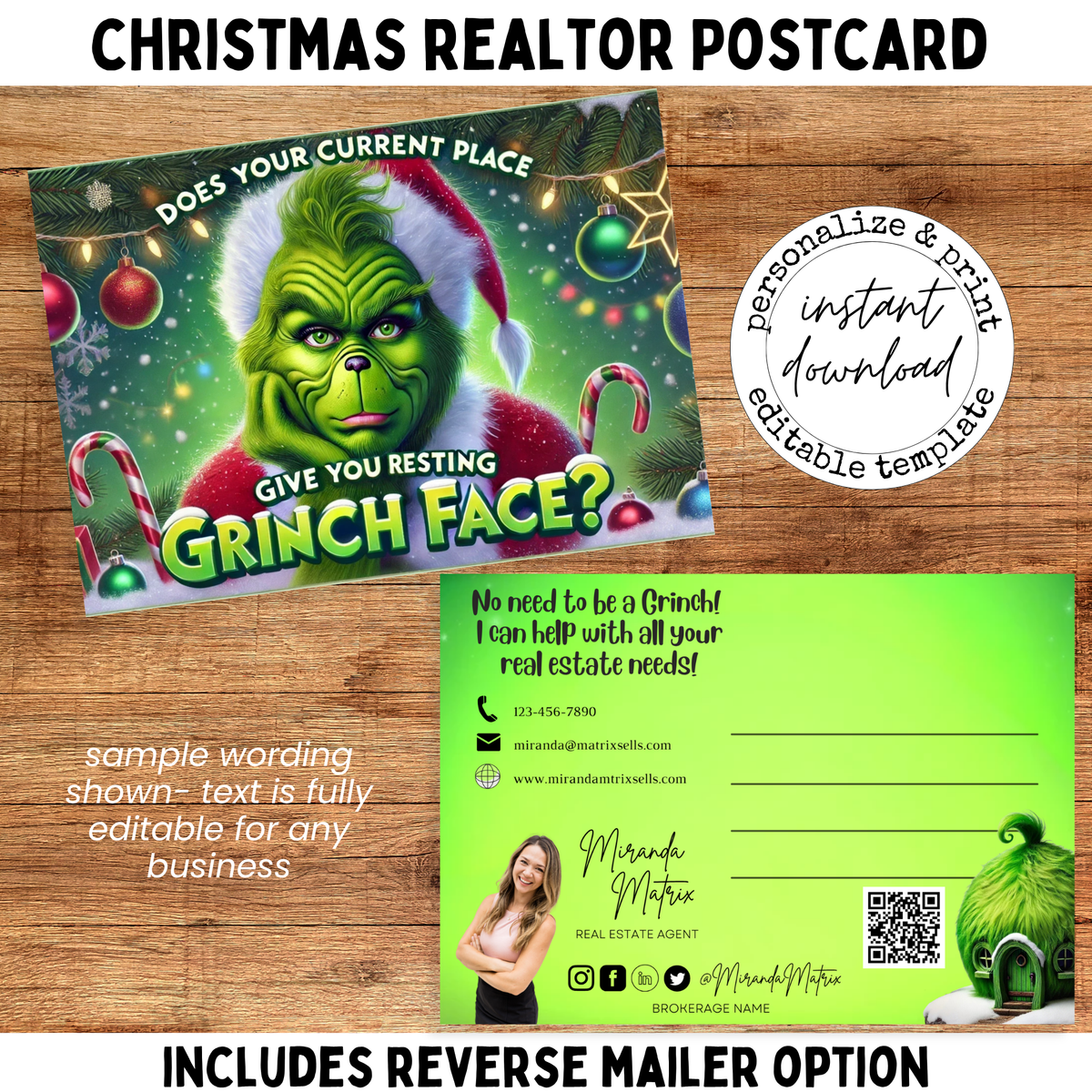 Funny Christmas realtor postcard asking does your current place give you resting Grinch face