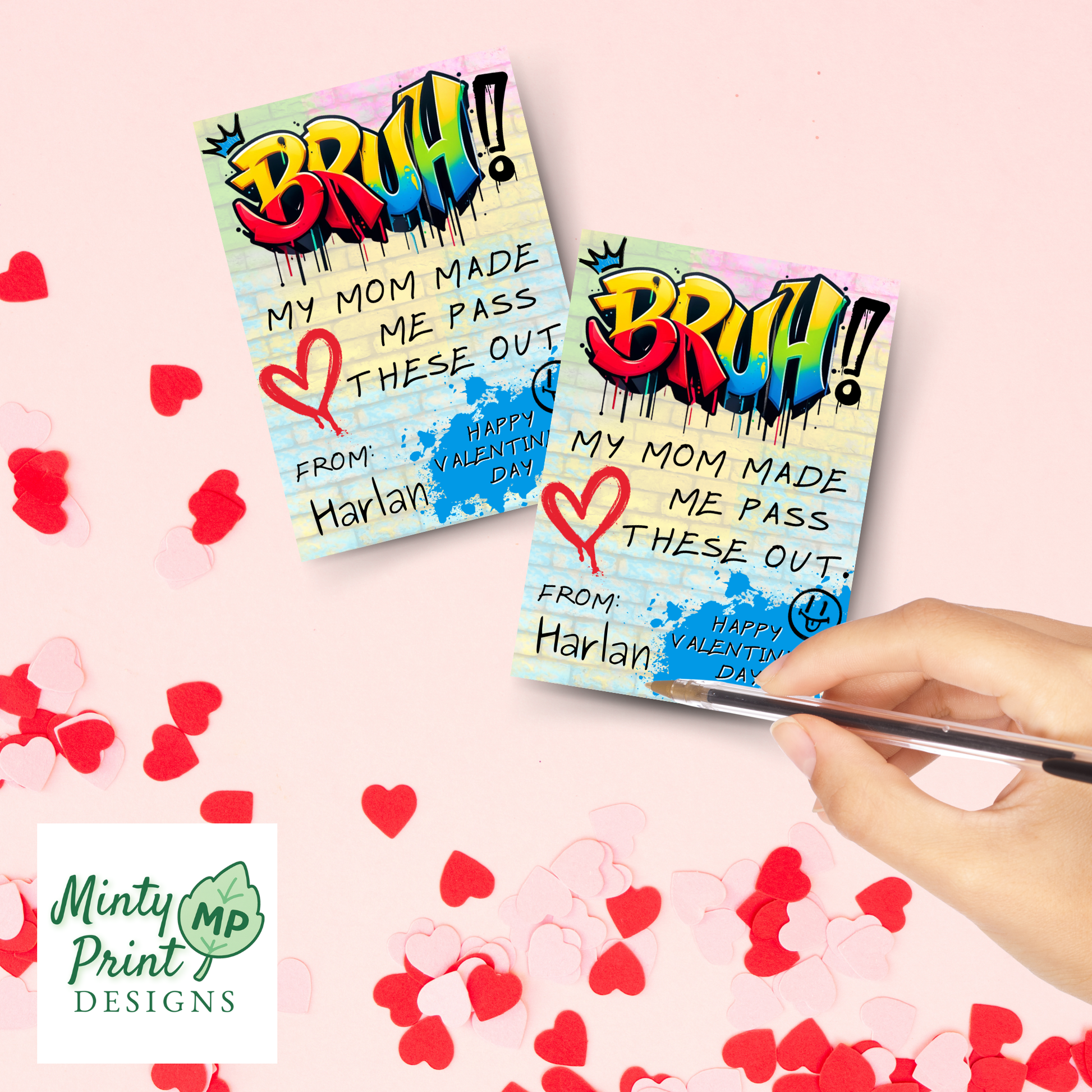 Set of humorous slang valentines for tweens, including a bold Bruh card design.