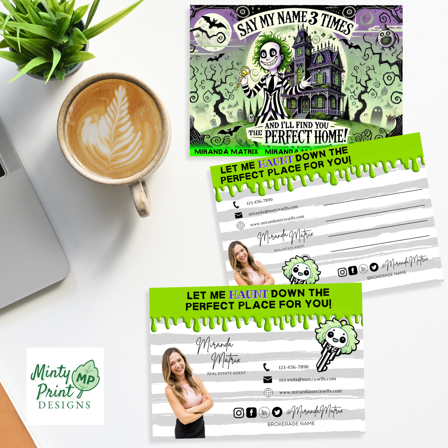 Halloween real estate marketing Canva template with a haunted house theme, playful ghostly character, Realtor contact information, and editable postcard design.