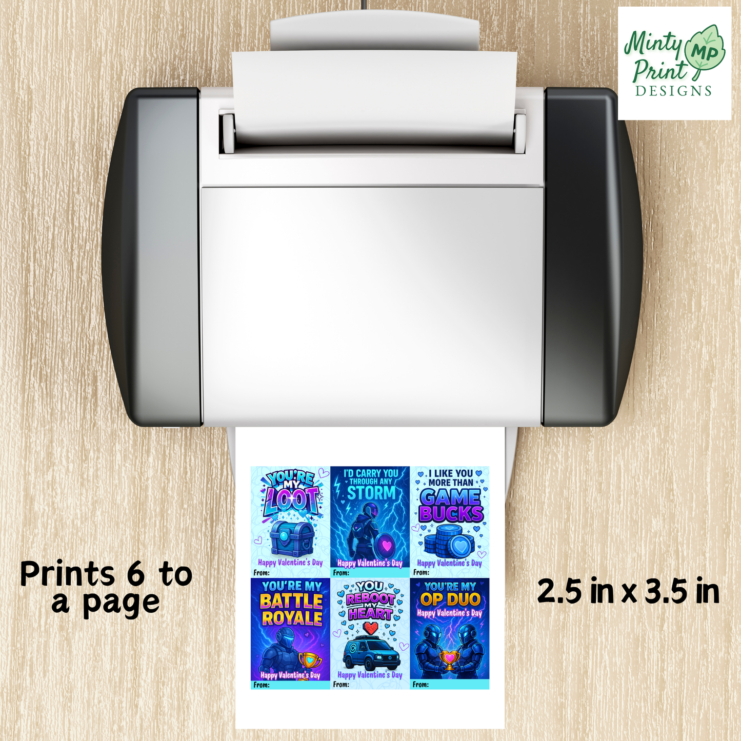 Printable gamer Valentine cards in neon battle royale style, perfect for kids who enjoy Fortnite-style games.