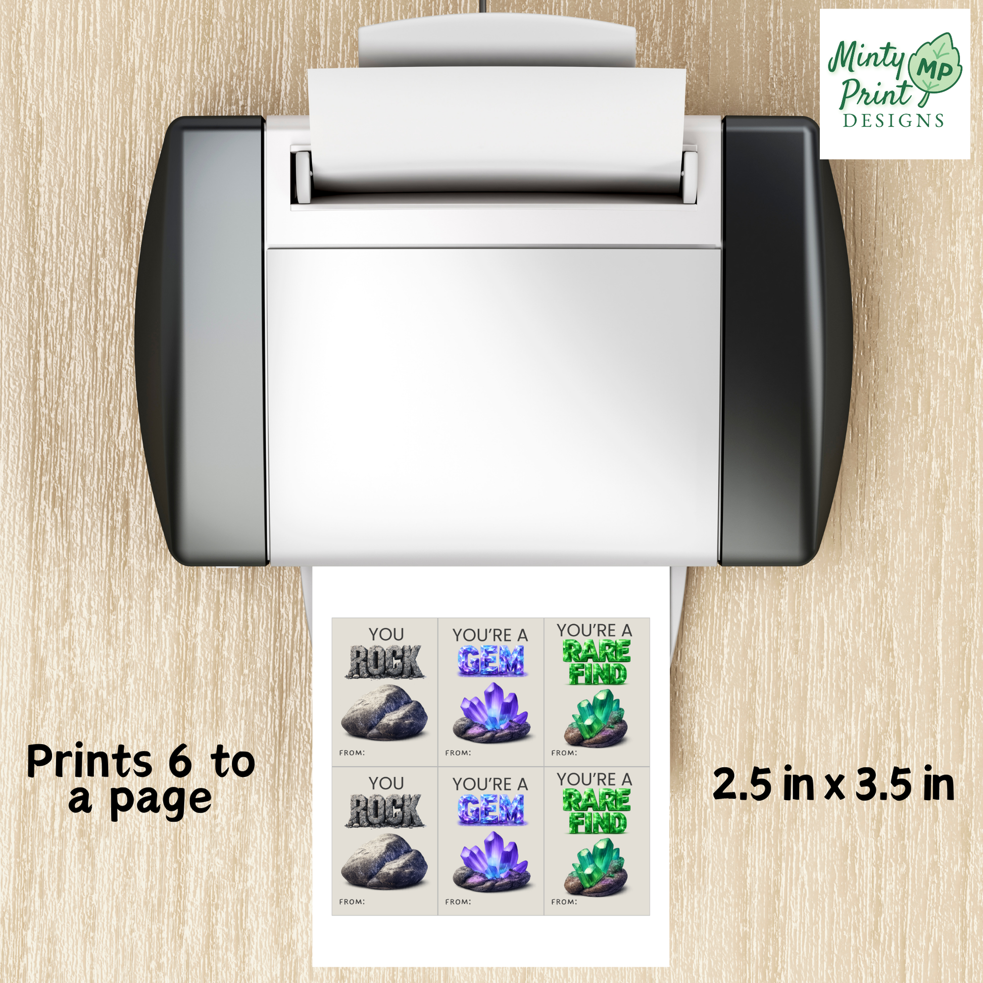 Printable rock valentines for boys featuring You Rock, You’re a Gem, and Rare Find classroom cards