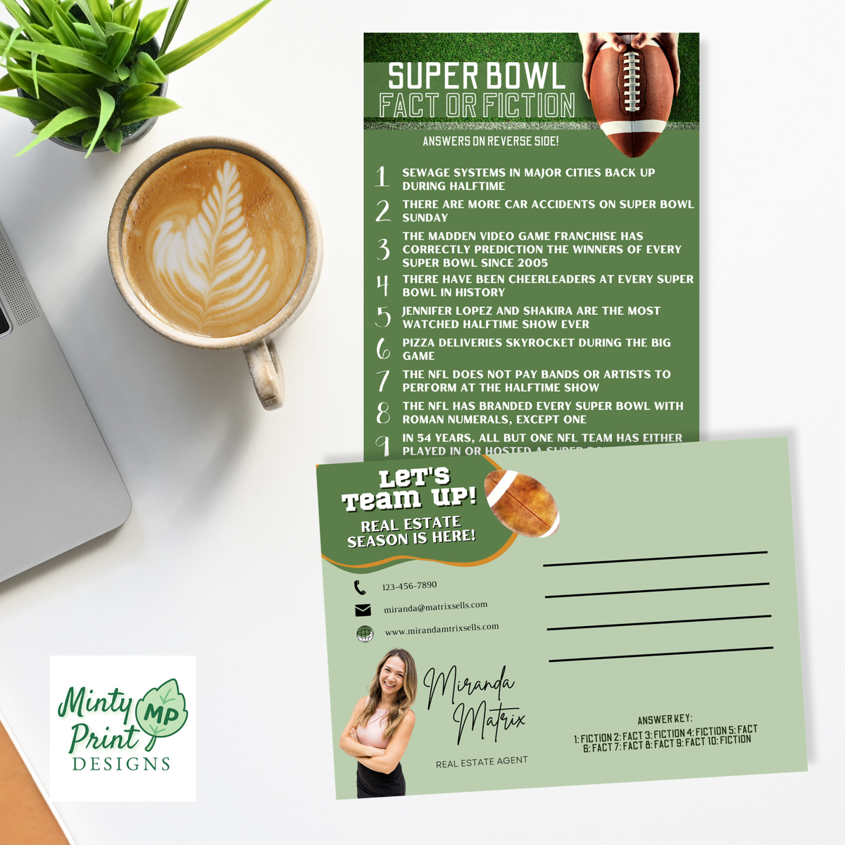 Super Bowl real estate postcard back featuring customizable realtor branding, contact information, mailing lines and trivia answer key