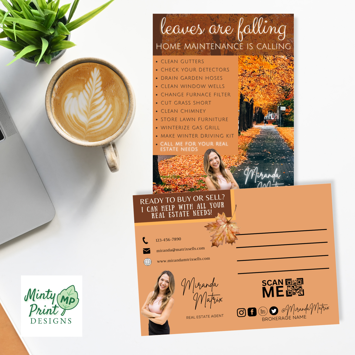 Canva fall realtor postcard template with seasonal homeowner tips, QR code and customizable agent details