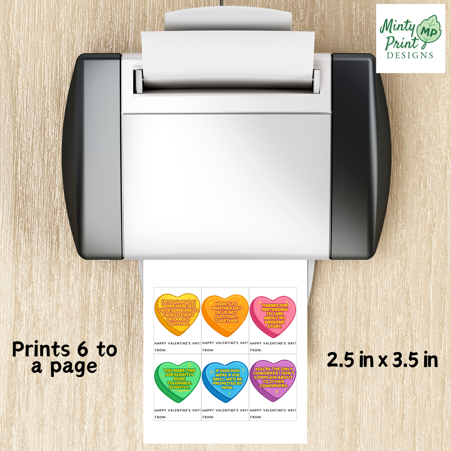 Printable office Valentine cards with sarcastic workplace humor for coworkers—PDF classroom-style print