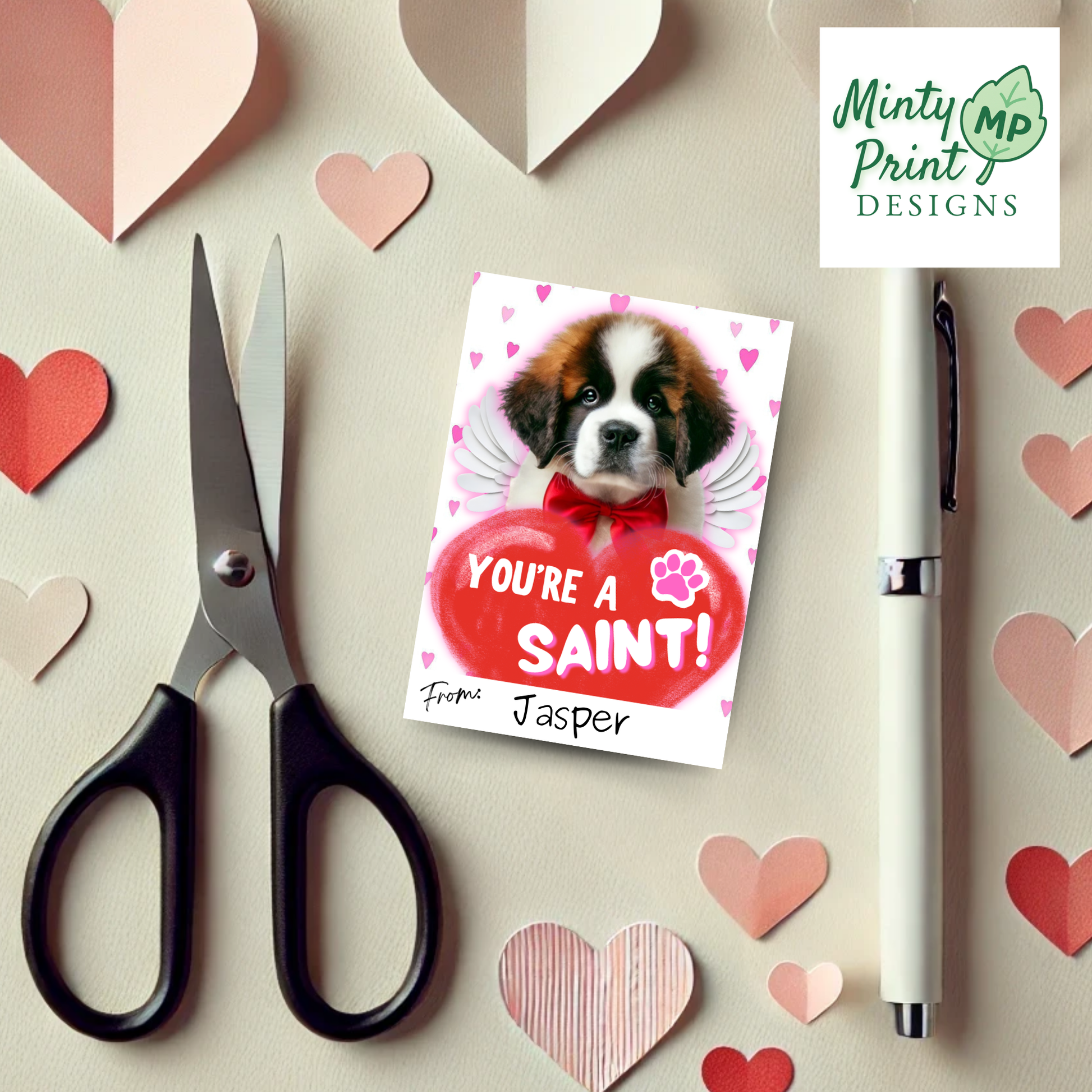 Saint Bernard puppy valentine — You’re a Saint classroom card
