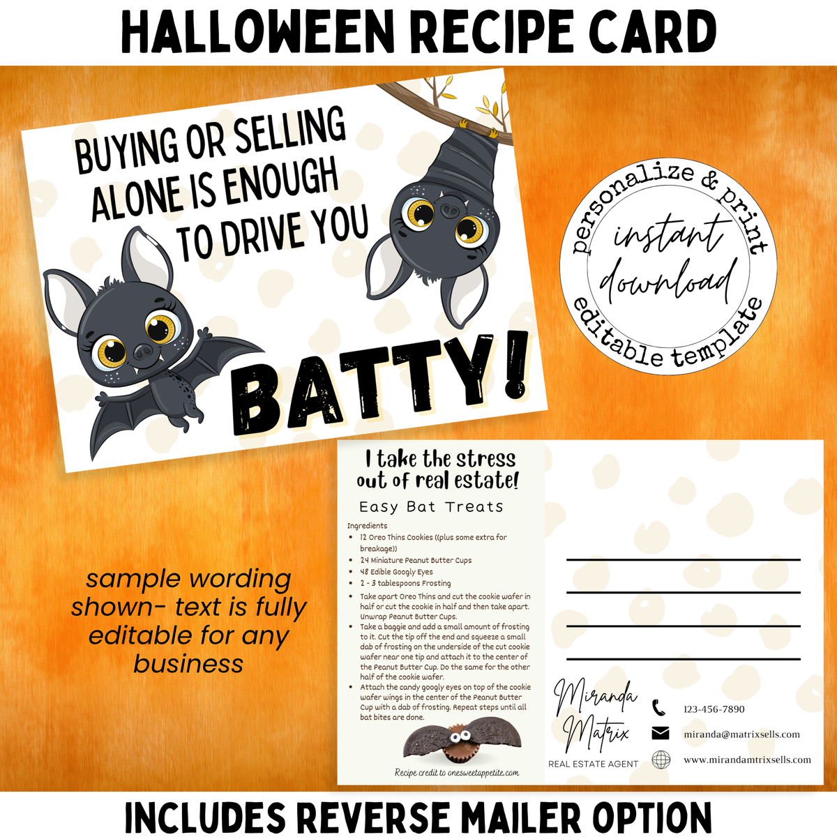 Halloween realtor postcard with cute cartoon bats and Buying or Selling Alone Is Enough to Drive You Batty real estate message