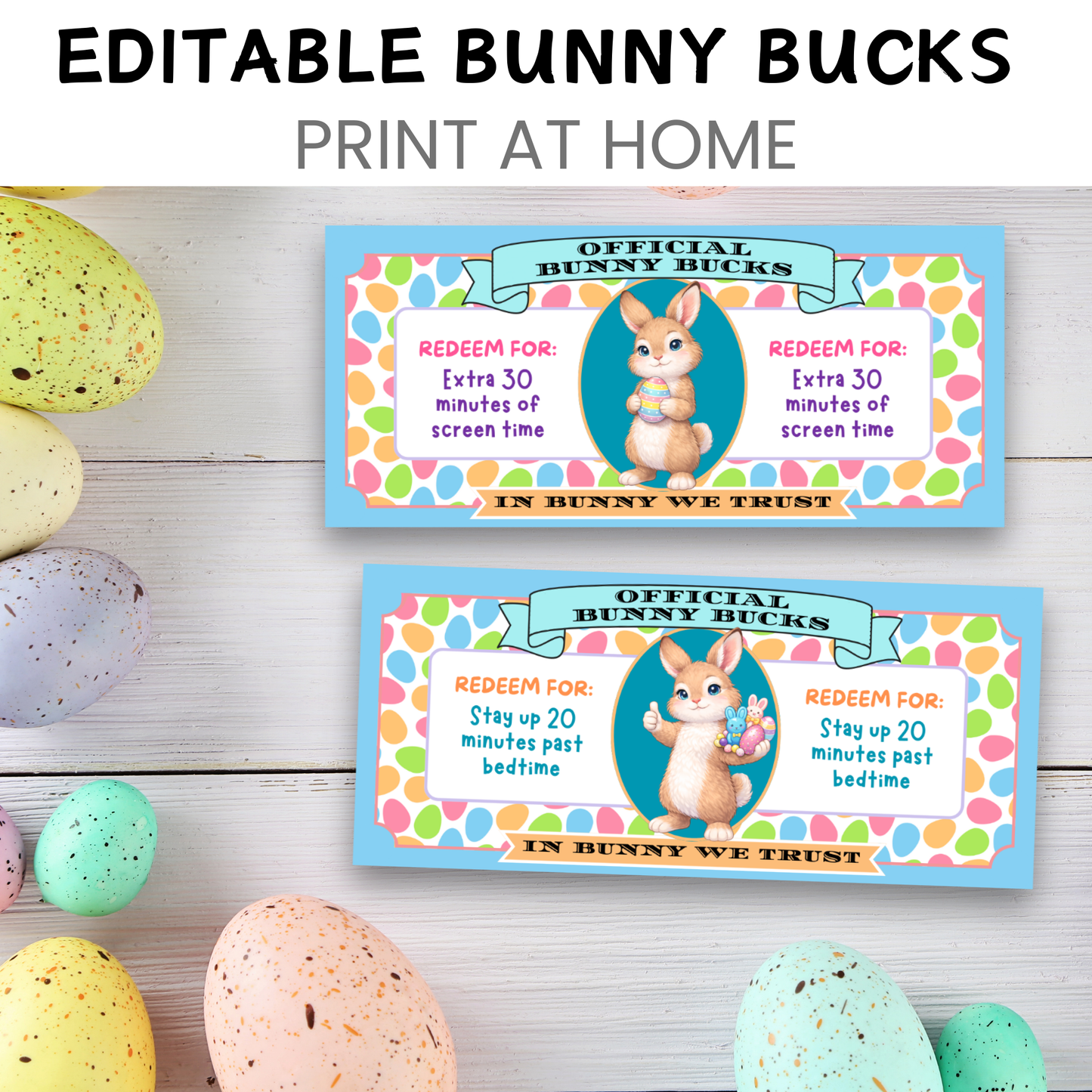 Editable Bunny Bucks printable Canva template showing three Easter reward coupon designs for kids with customizable redemption text.