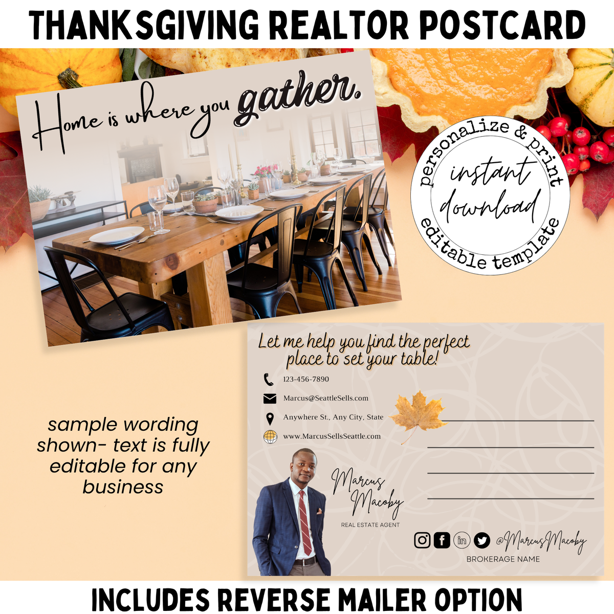 Thanksgiving realtor postcard featuring a cozy dining table and Home Is Where You Gather message
