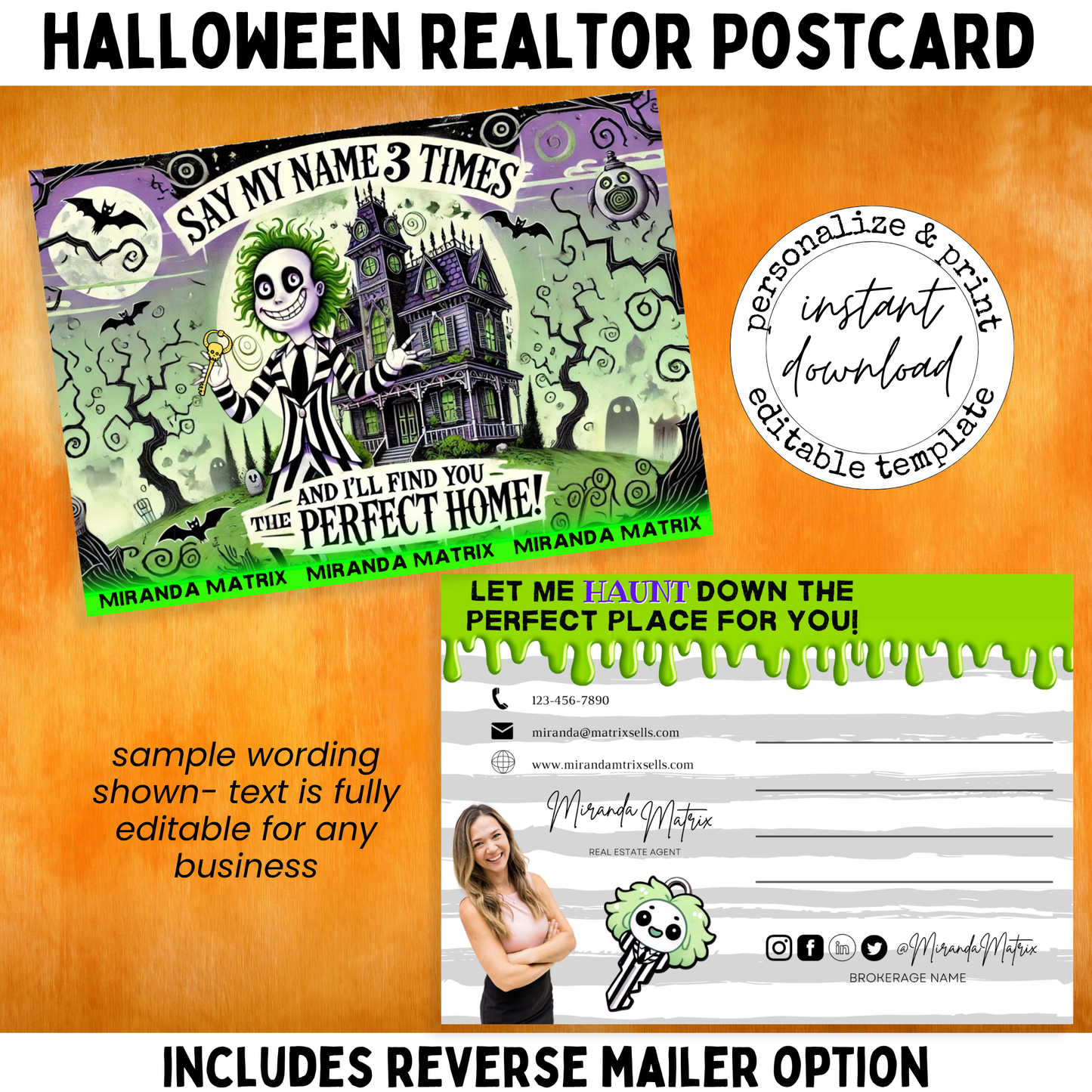 Editable Halloween Realtor postcard featuring a haunted house, spooky green-haired ghost character, and customizable Canva branding for real estate marketing.