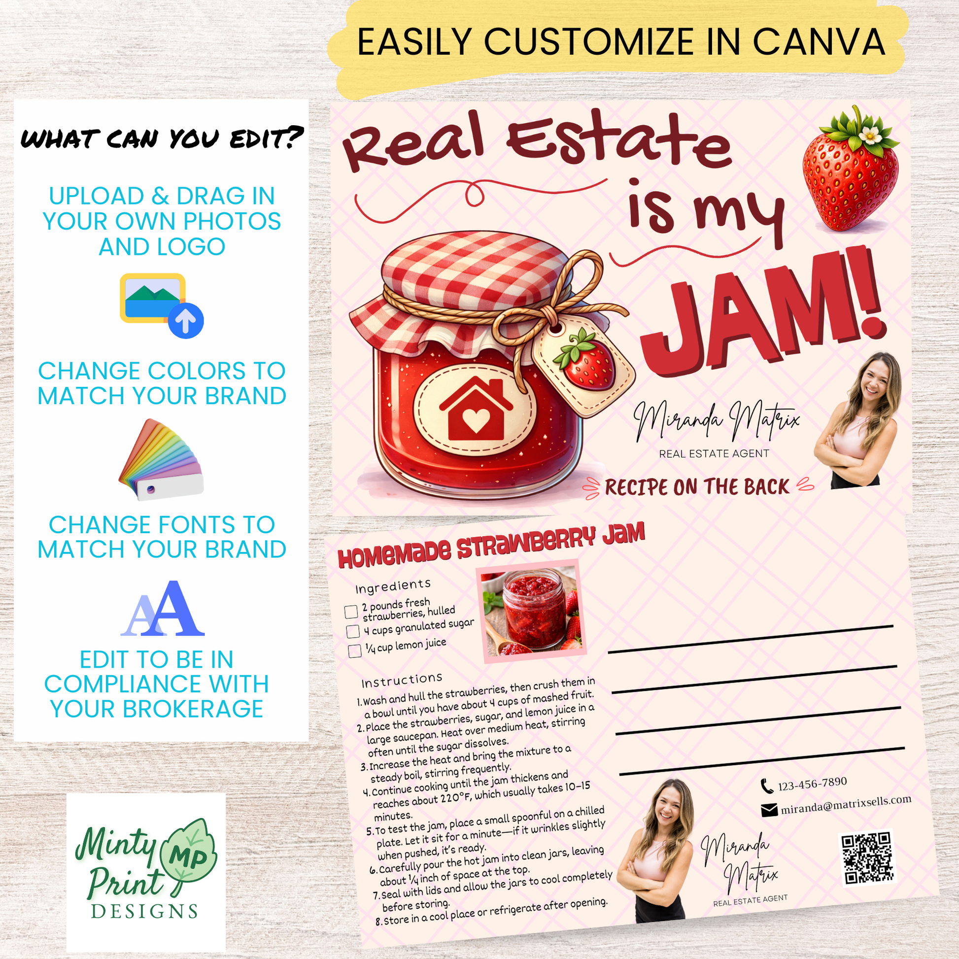 Realtor marketing postcard template featuring homemade strawberry jam recipe and editable agent contact information.