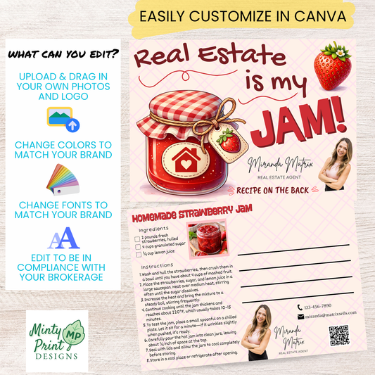 Realtor marketing postcard template featuring homemade strawberry jam recipe and editable agent contact information.
