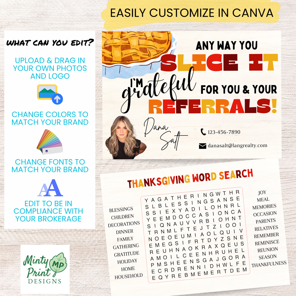 Thanksgiving word search realtor postcard featuring holiday and family themed words in an interactive puzzle