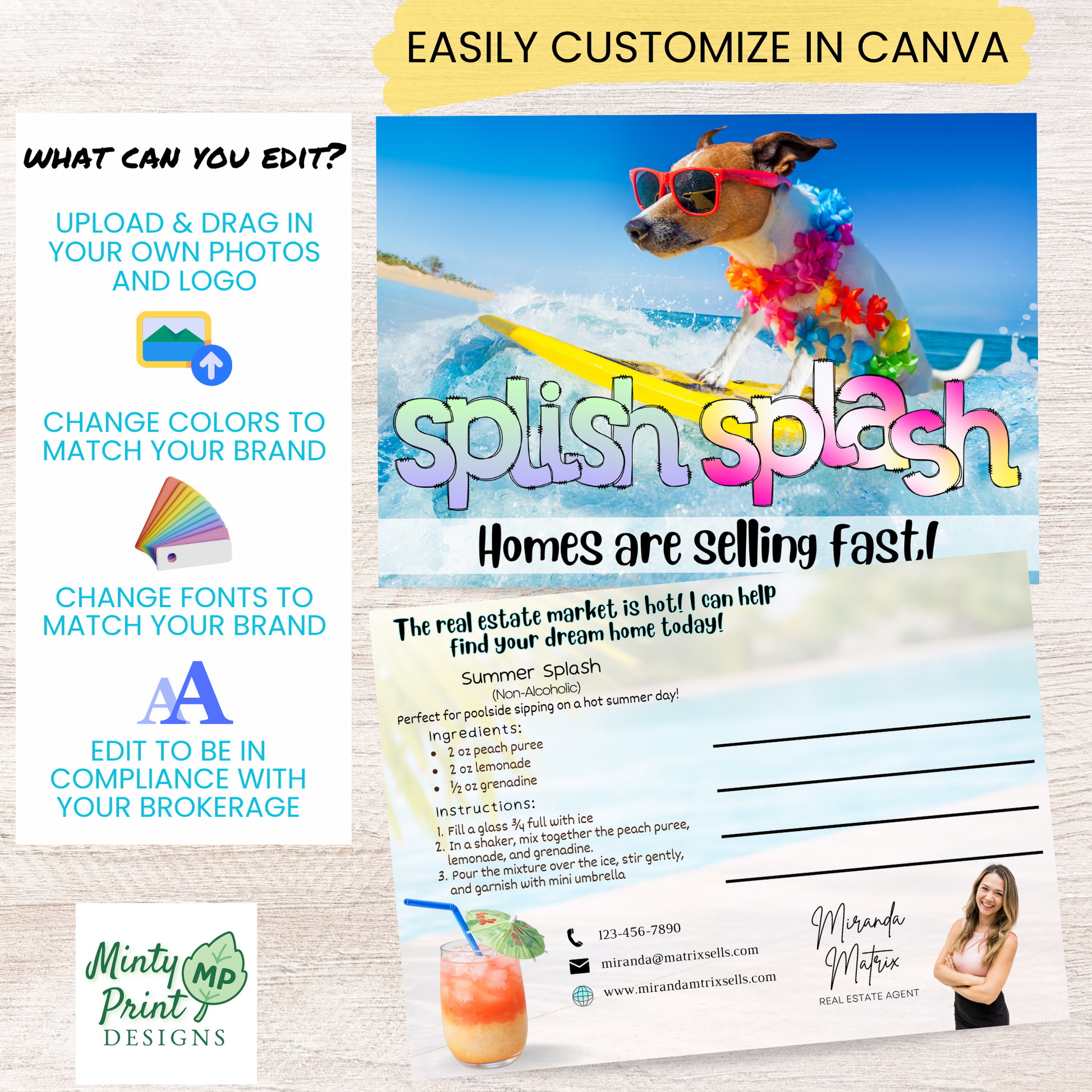 Editable Canva postcard template with funny summer real estate theme and drink recipe