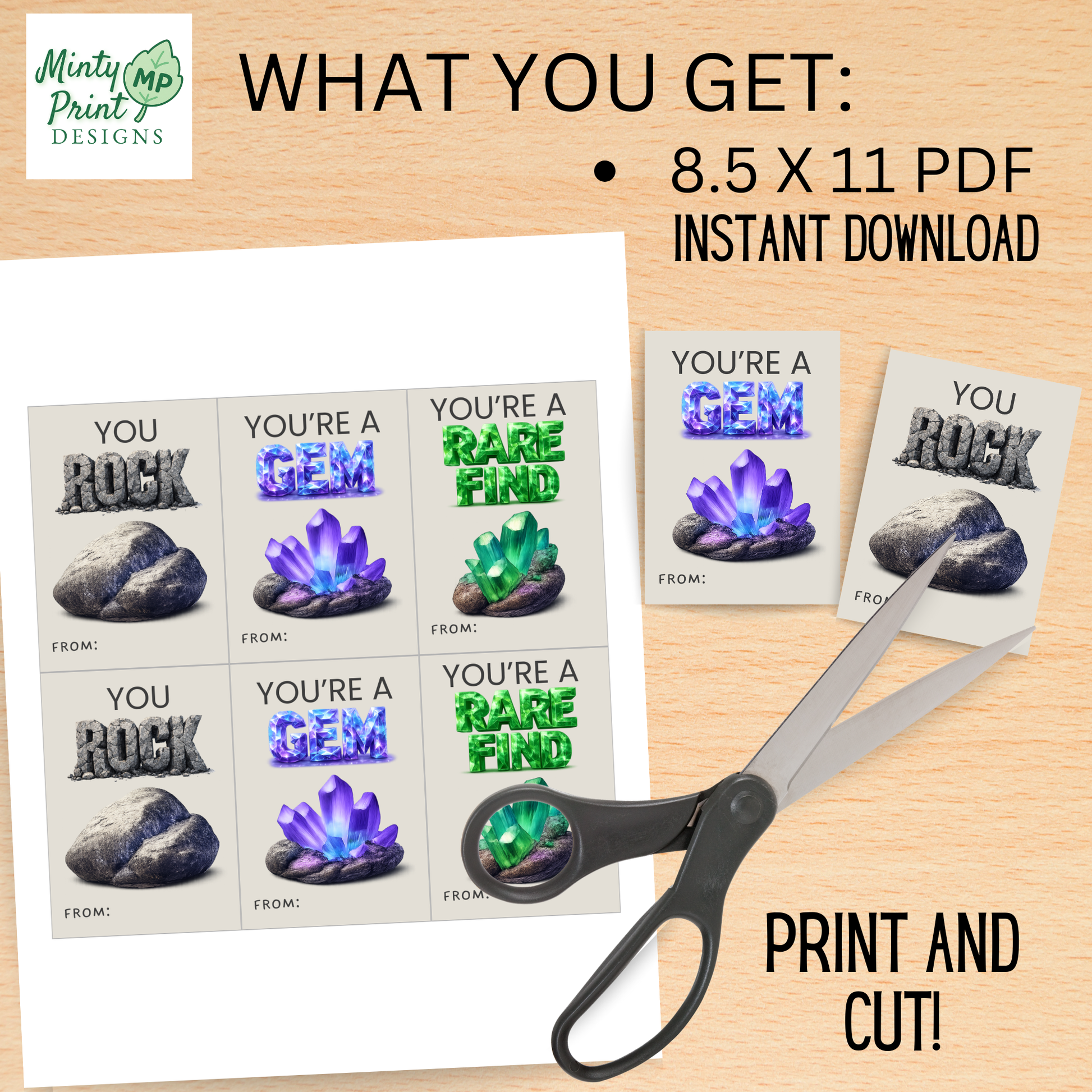 Printable “You Rock” Valentine card with stone rock text and realistic rock illustration, boys classroom Valentine printable