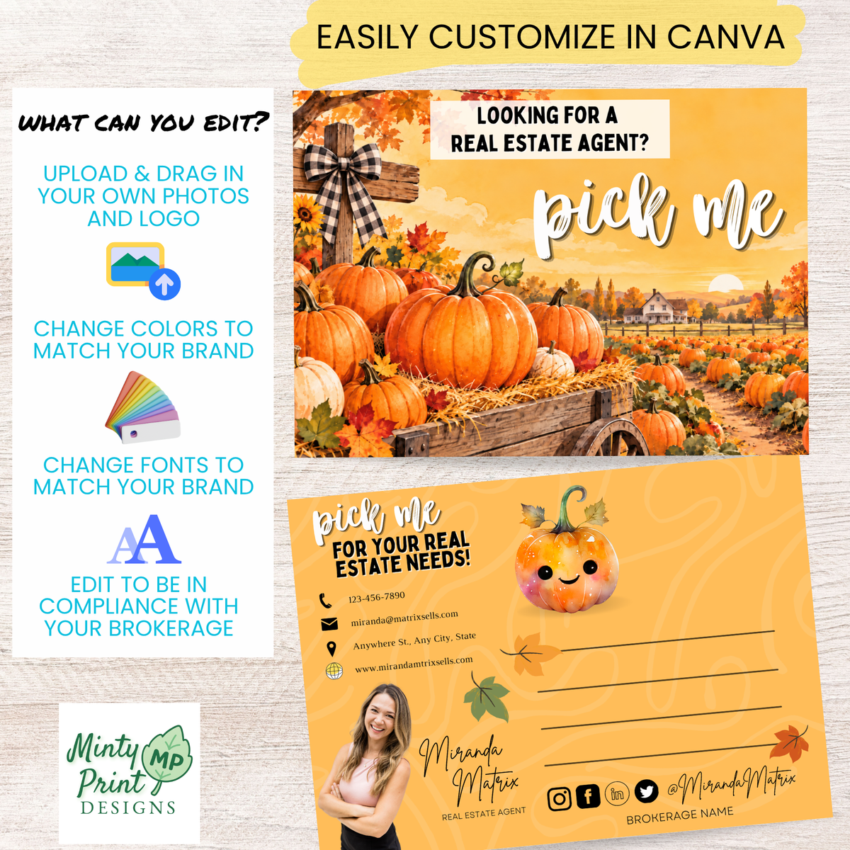 Pumpkin patch realtor mailer with Pick Me headline and seasonal fall marketing design