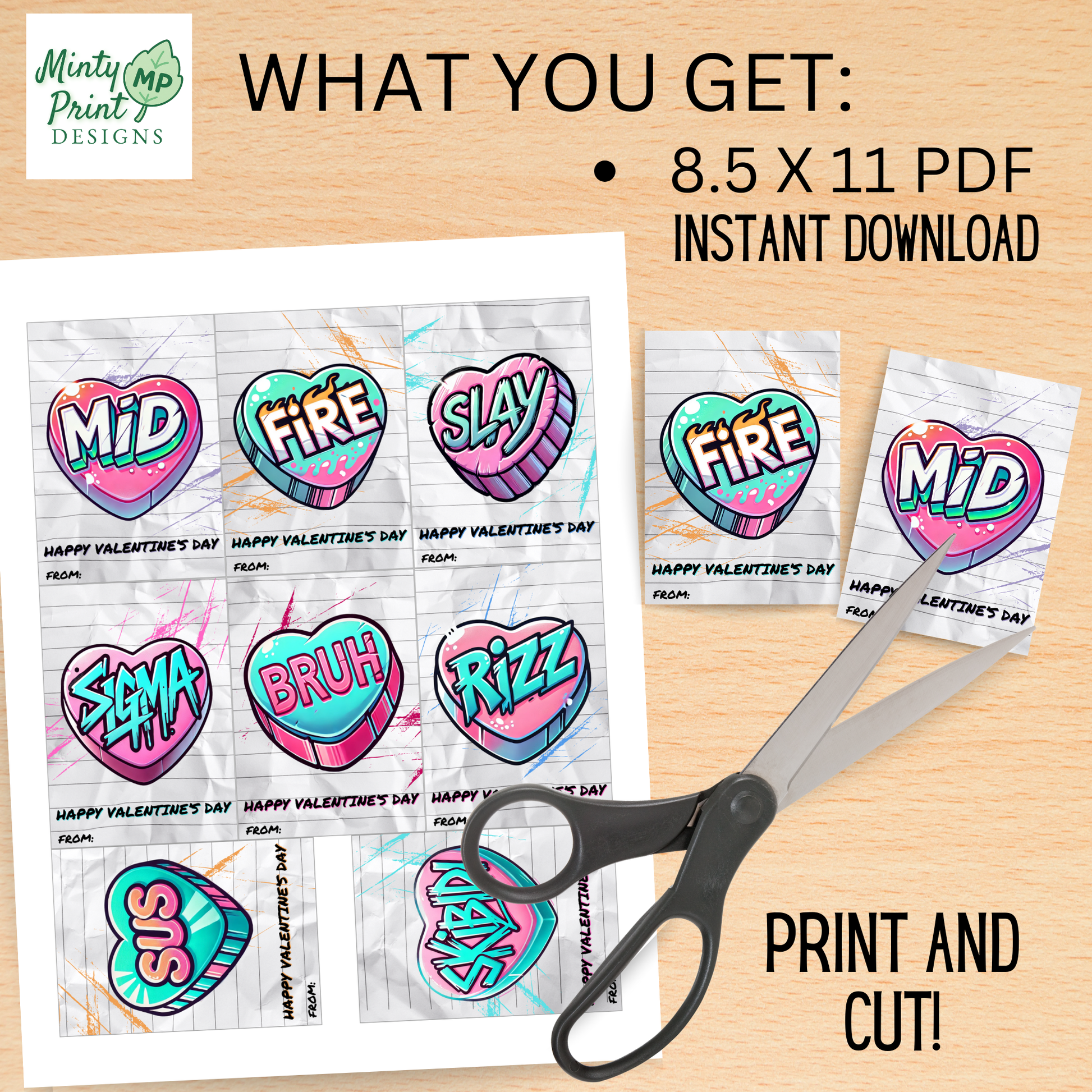 Printable pink slang-word Valentine cards for girls