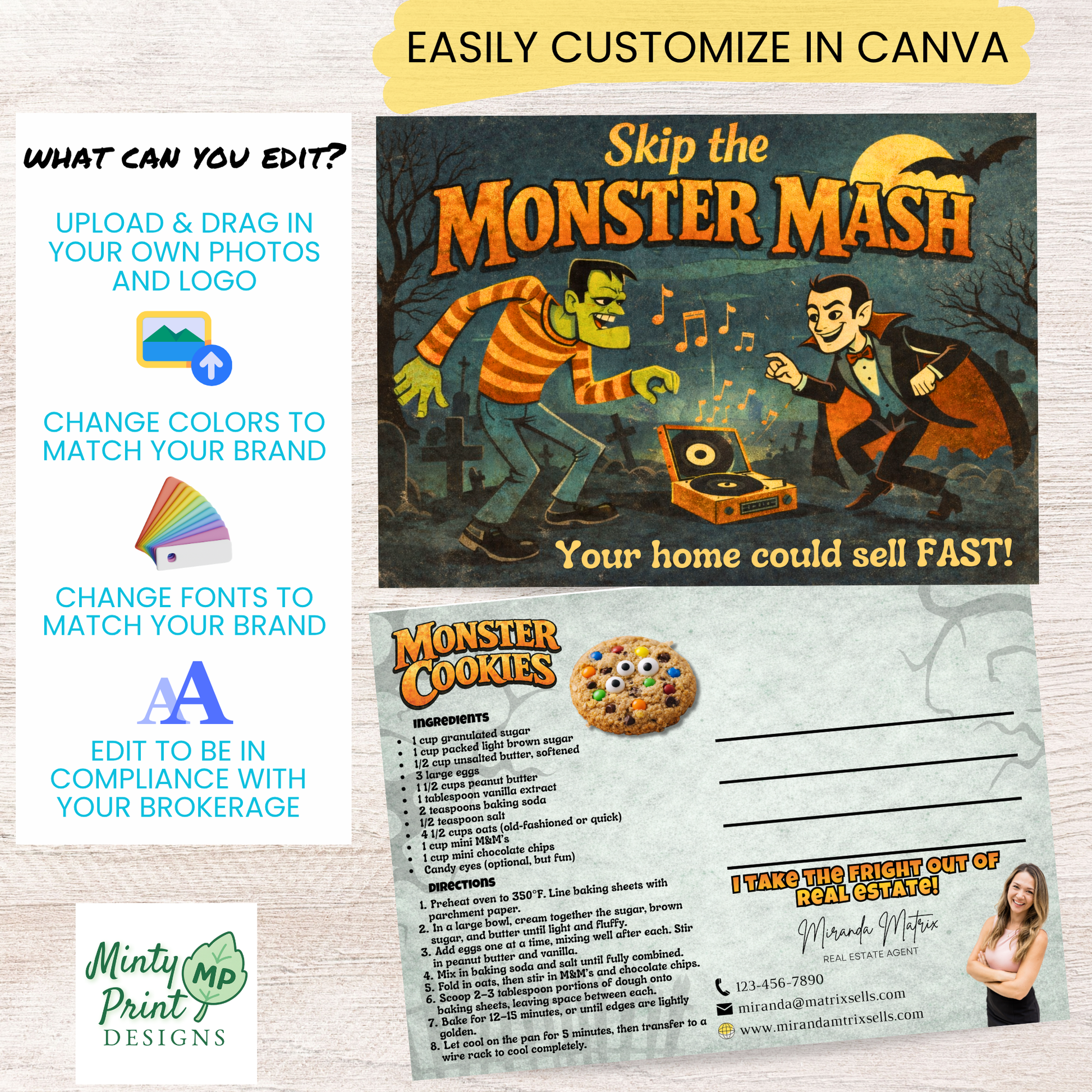 Monster Cookies recipe card with ingredients and directions in a vintage Halloween style, editable Canva template