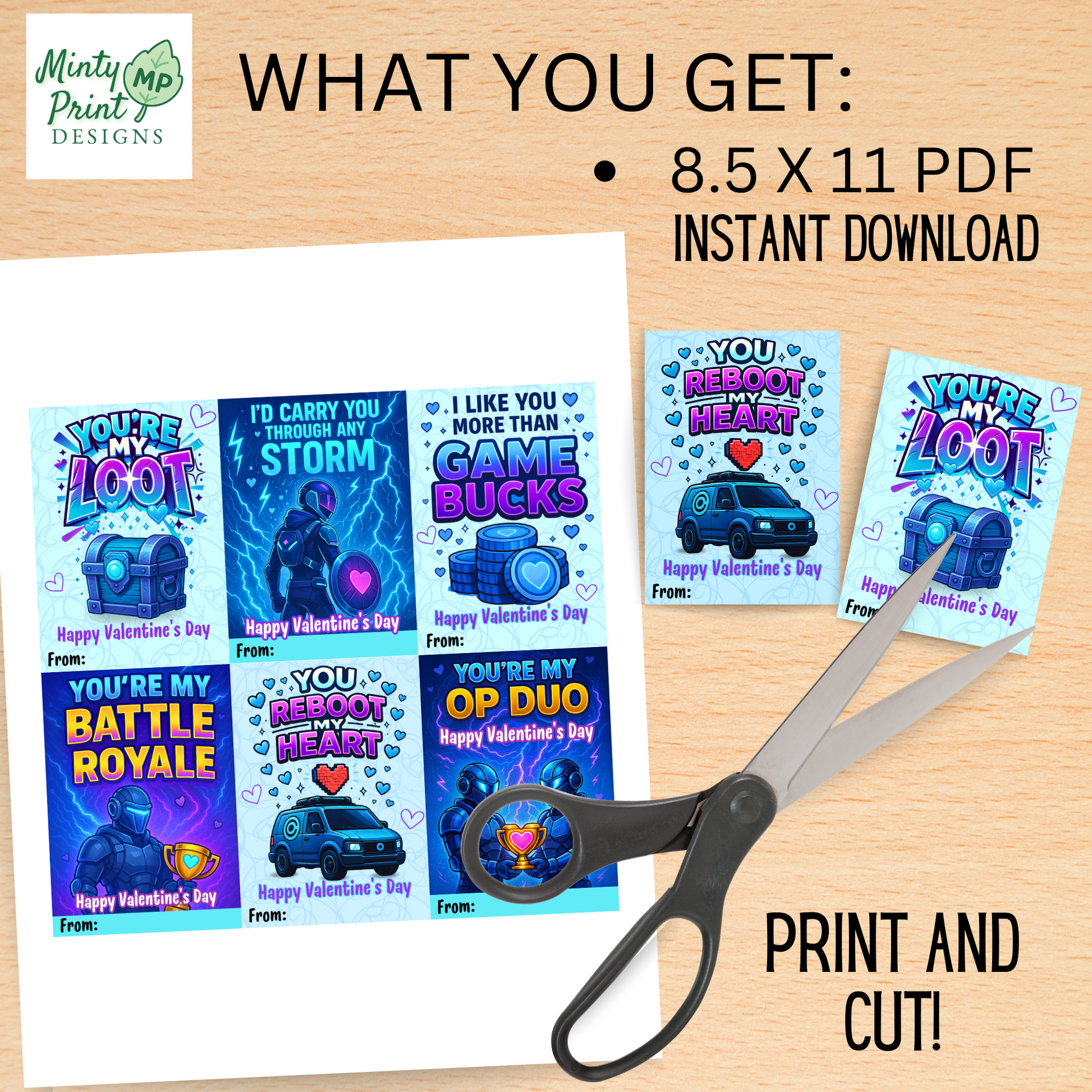 Printable Valentine for kids who like video games, game currency themes, and Fortnite-inspired designs.