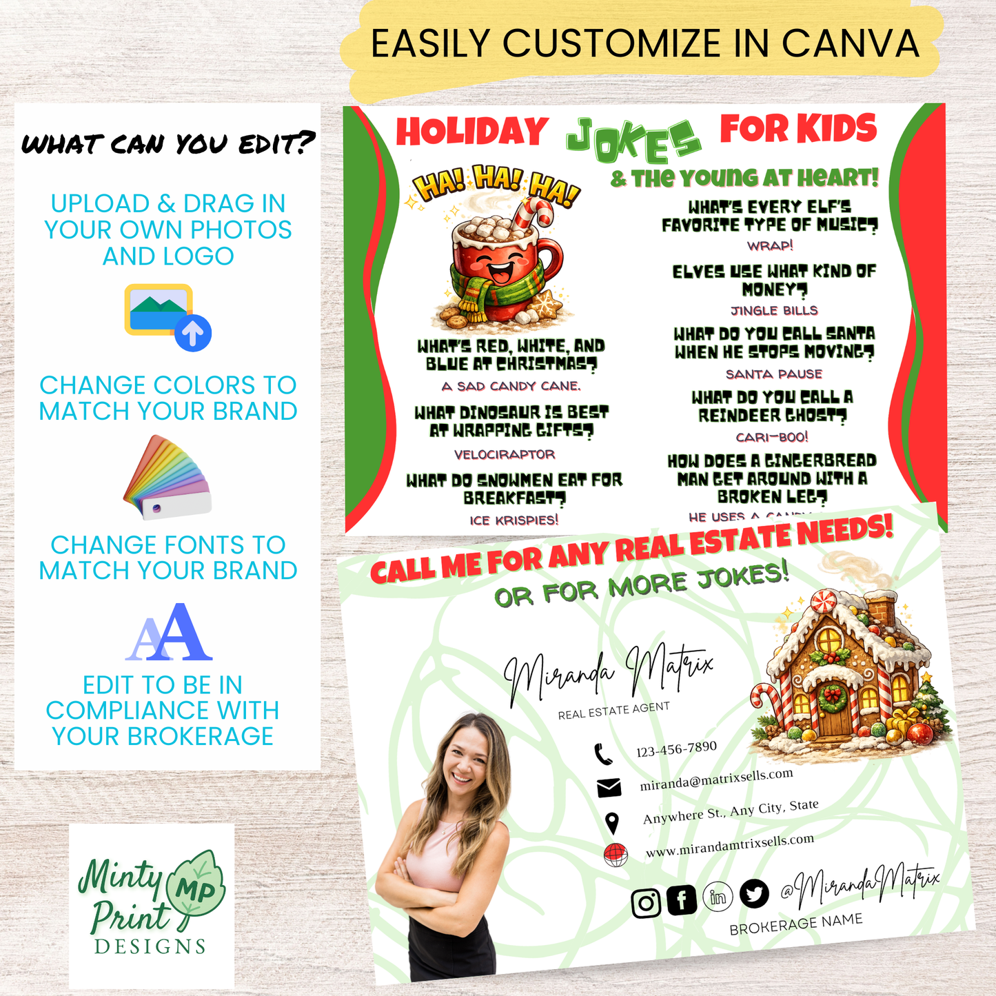 Editable holiday joke card for real estate agents, family friendly winter postcard