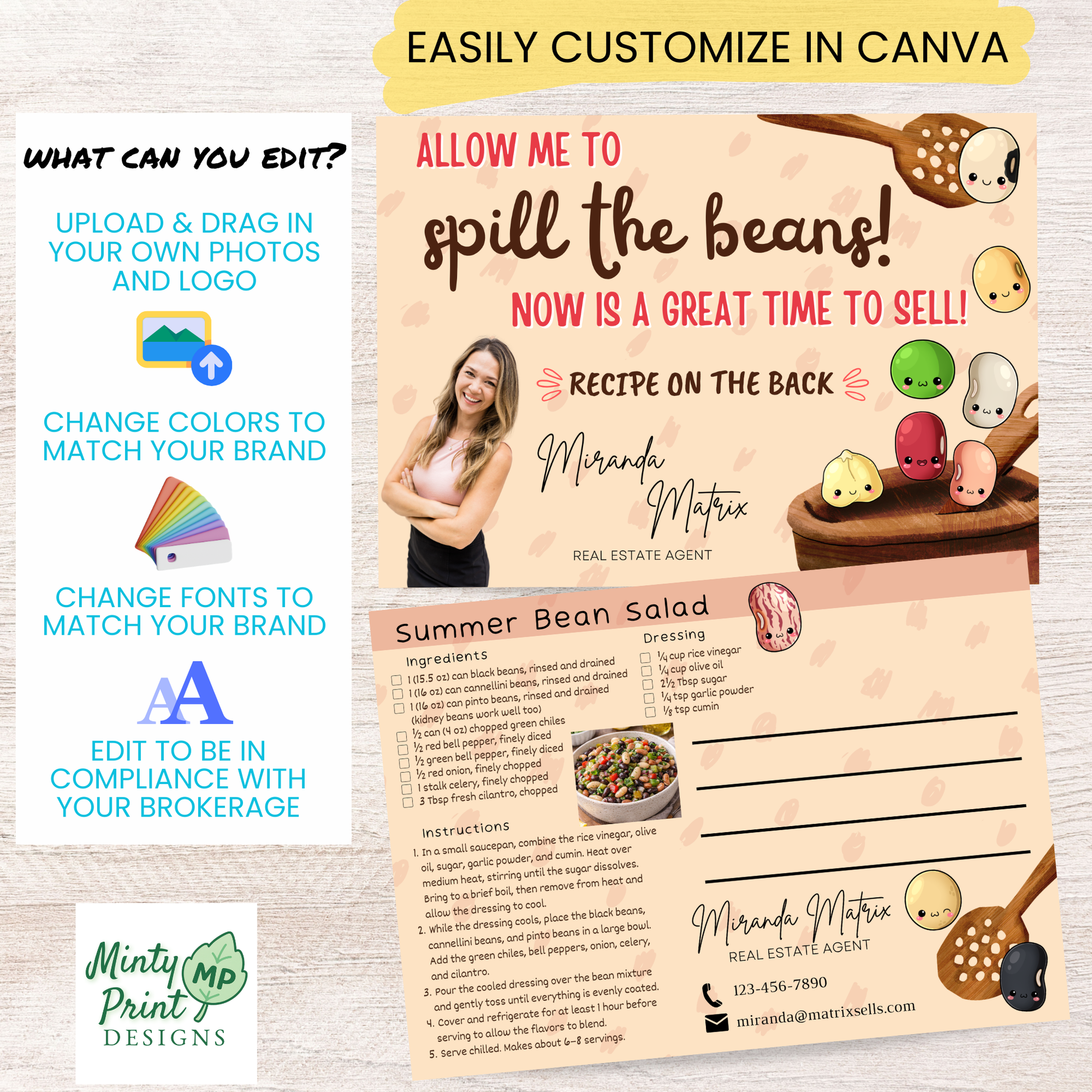 Editable realtor postcard template with bean salad recipe and space for handwritten message.