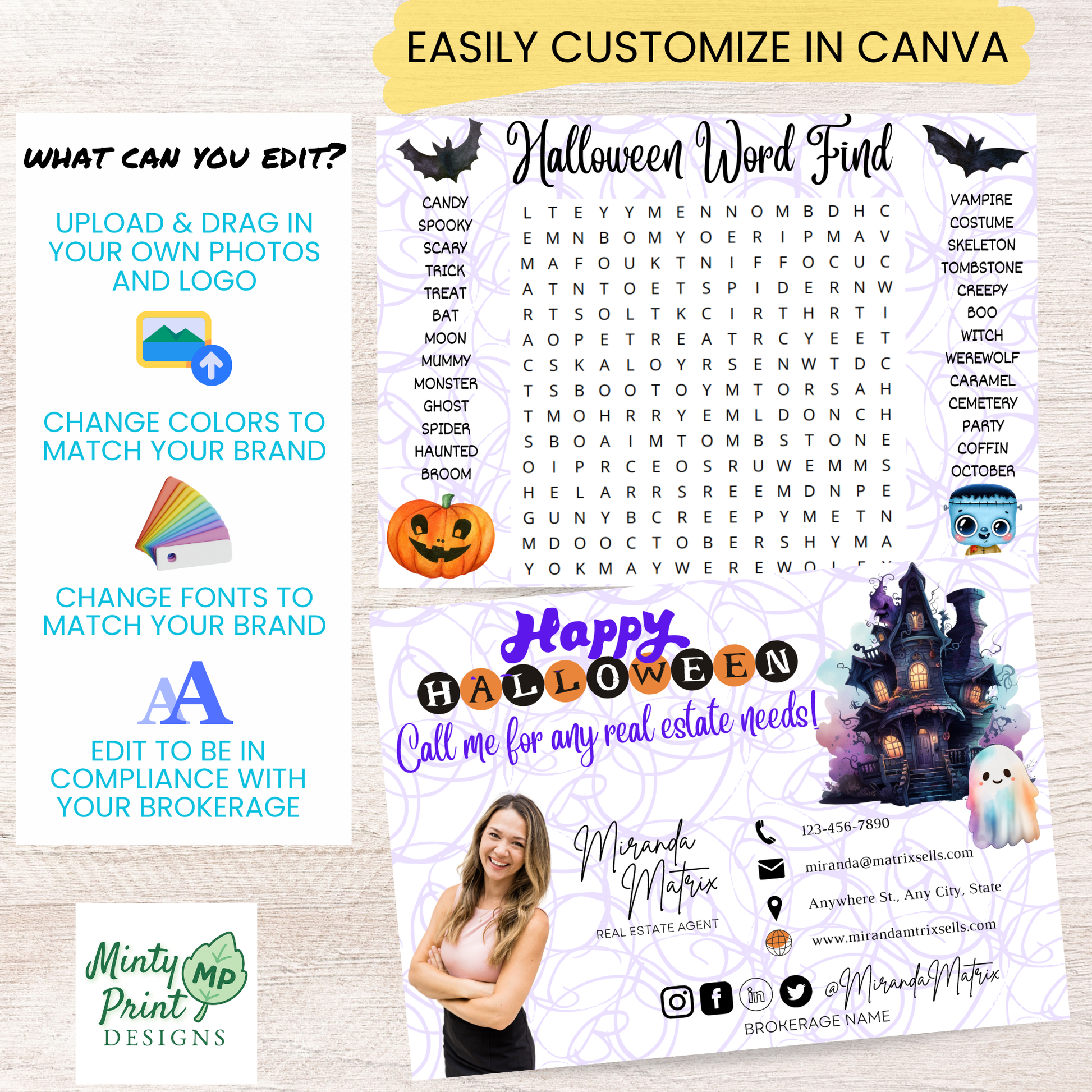 Halloween word search postcard Canva template lifestyle mockup