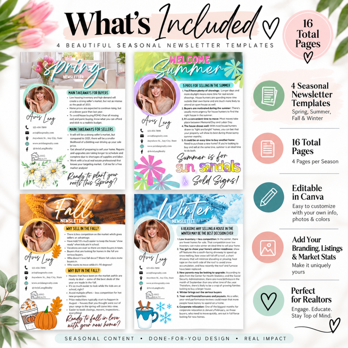 Editable Realtor newsletter bundle showing four seasonal Canva templates with 16 total pages for year-round real estate client marketing.