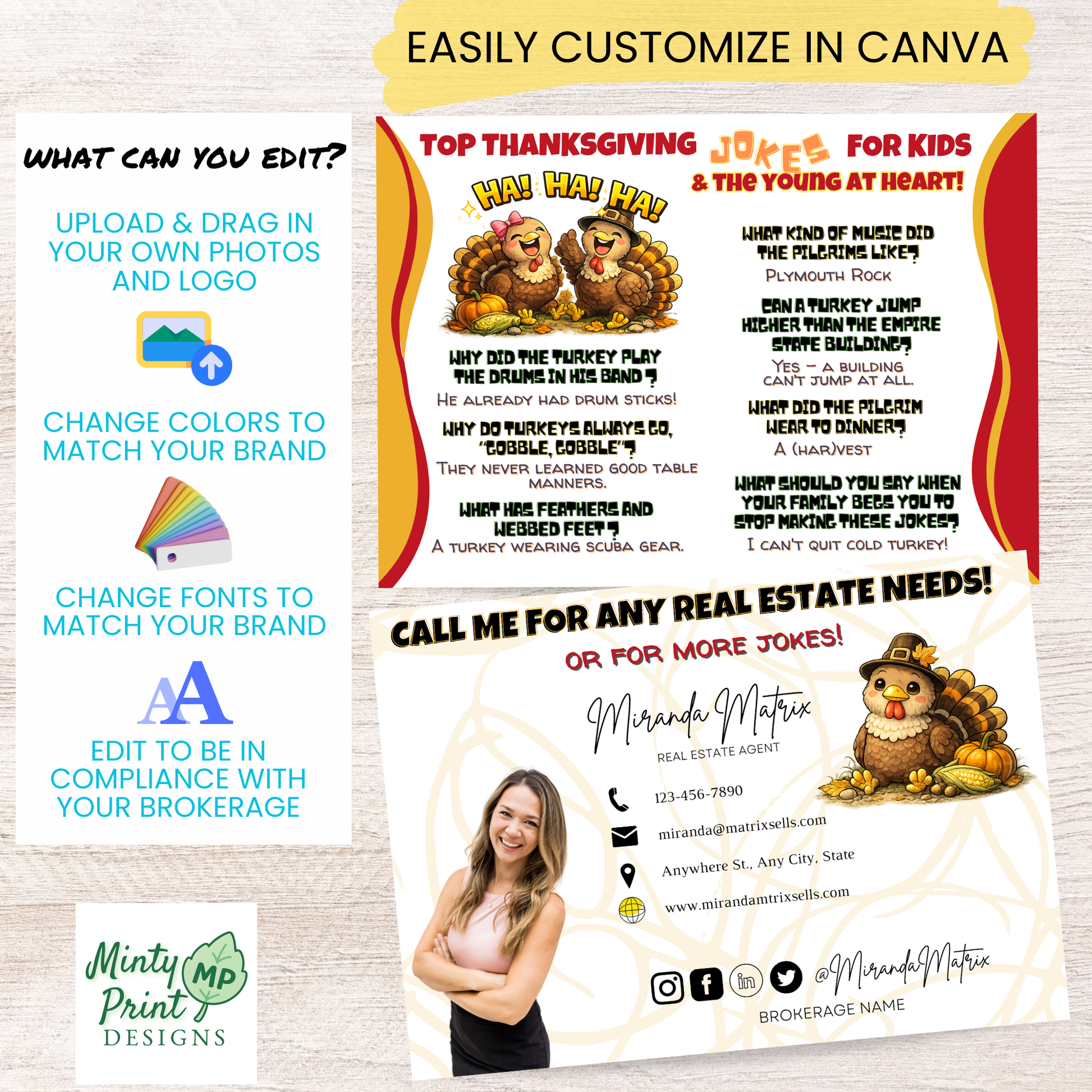 Funny Thanksgiving joke postcard for realtors featuring playful turkeys and fall colors, editable Canva template
