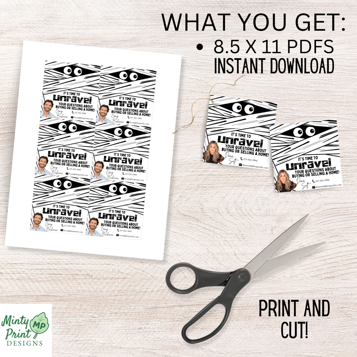 Printable Halloween real estate pop by tag with mummy graphics and customizable Realtor branding.