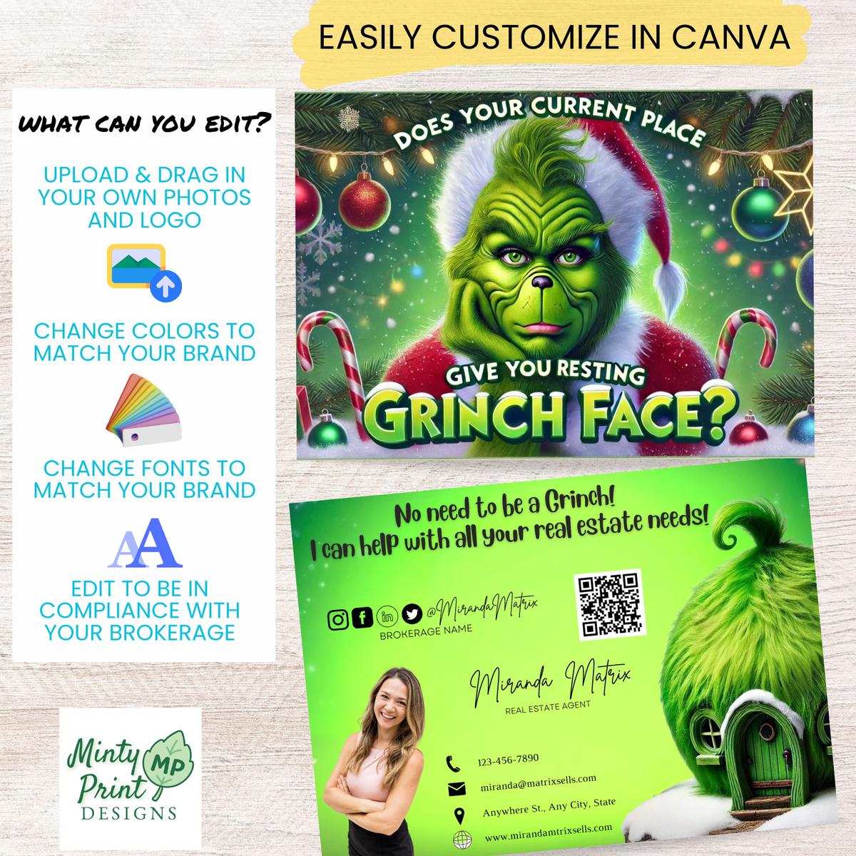 Holiday real estate postcard with bright green Christmas theme agent photo and QR code