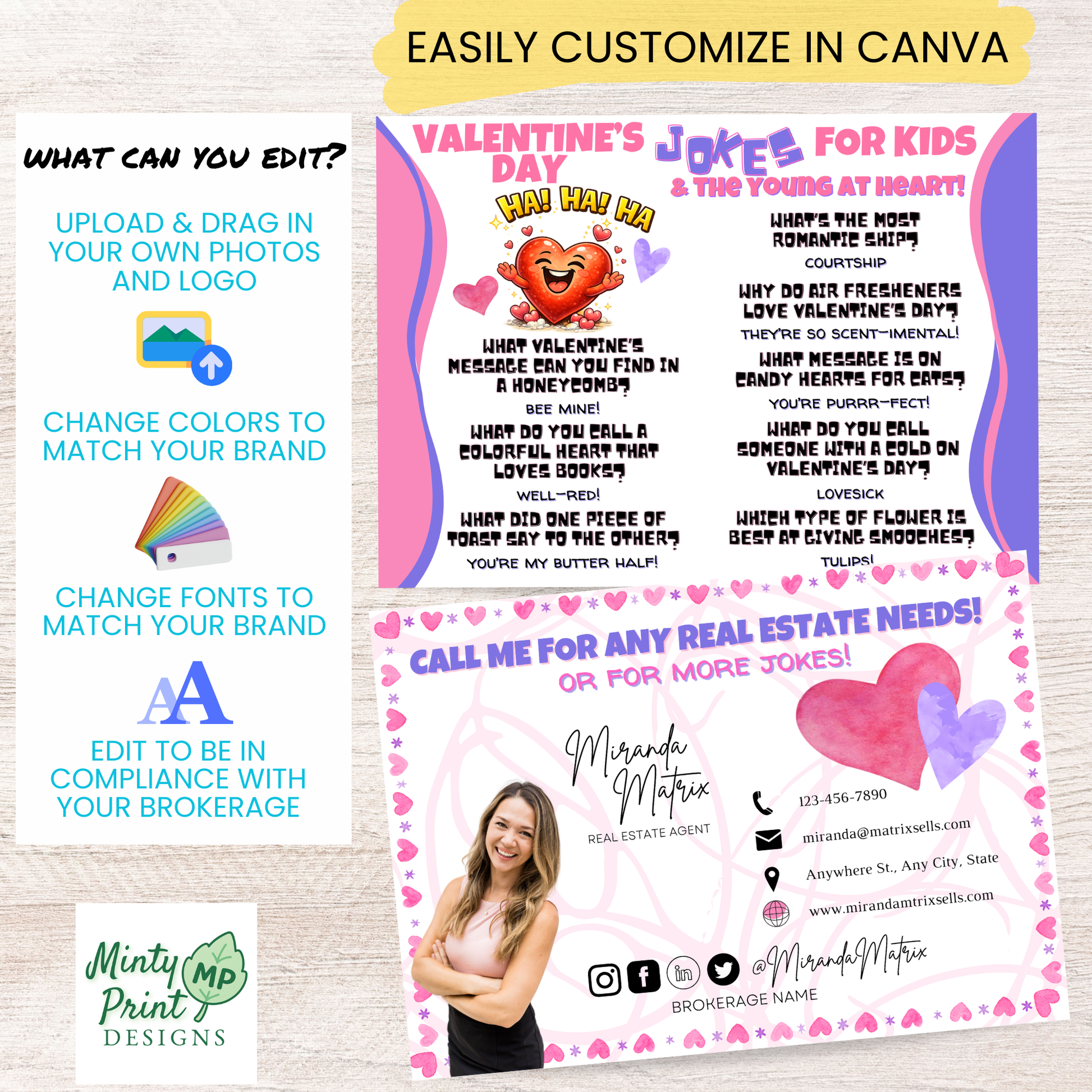 Realtor Valentine joke postcard Canva editable digital download