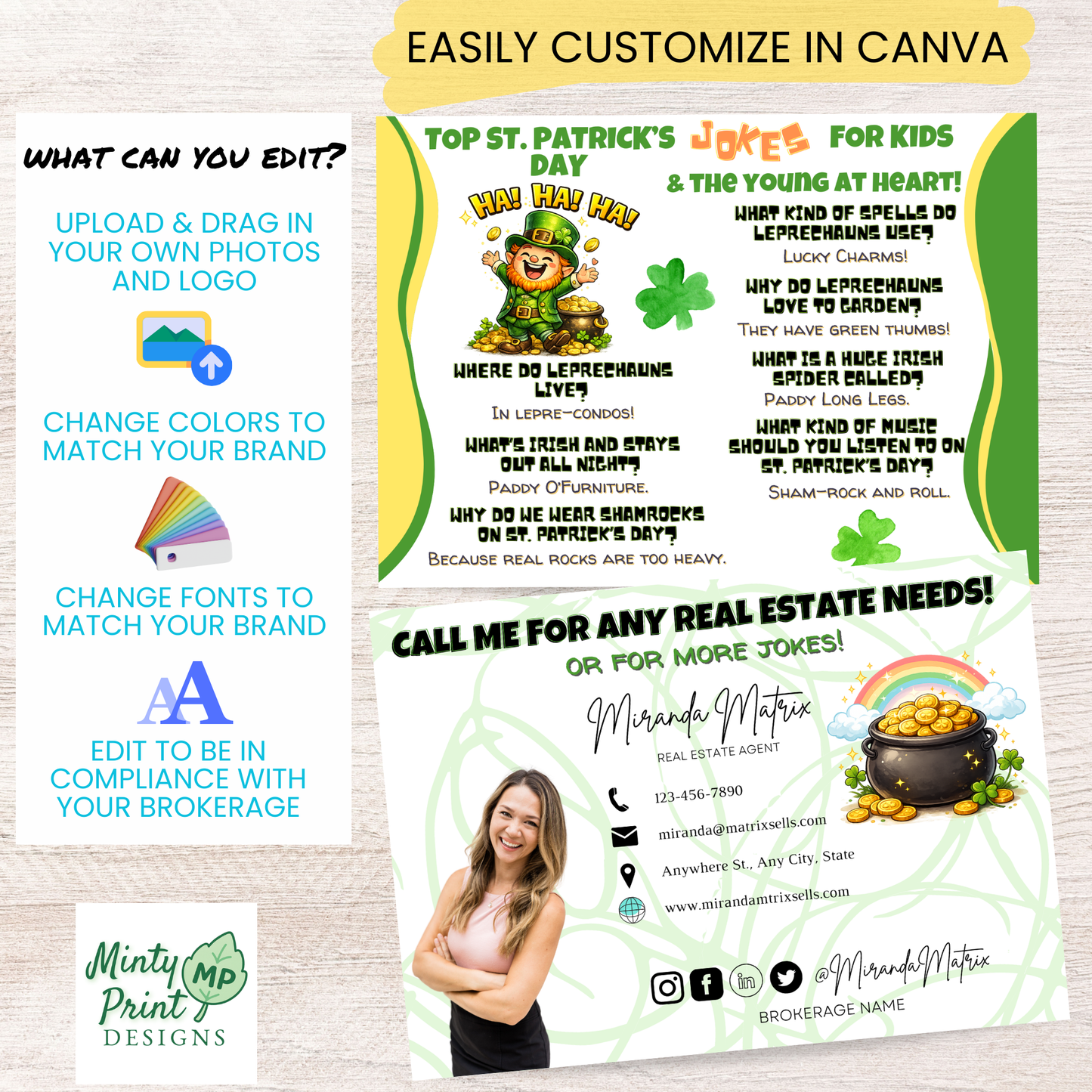 Realtor St. Patrick’s Day joke postcard Canva editable digital download