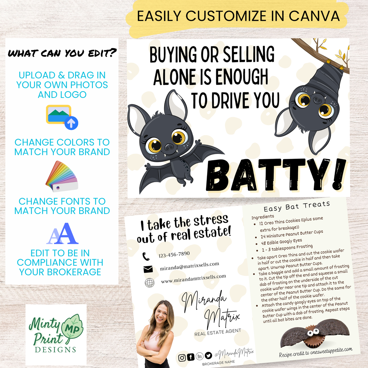 Halloween real estate recipe postcard with realtor photo, contact information and Easy Bat Treats recipe