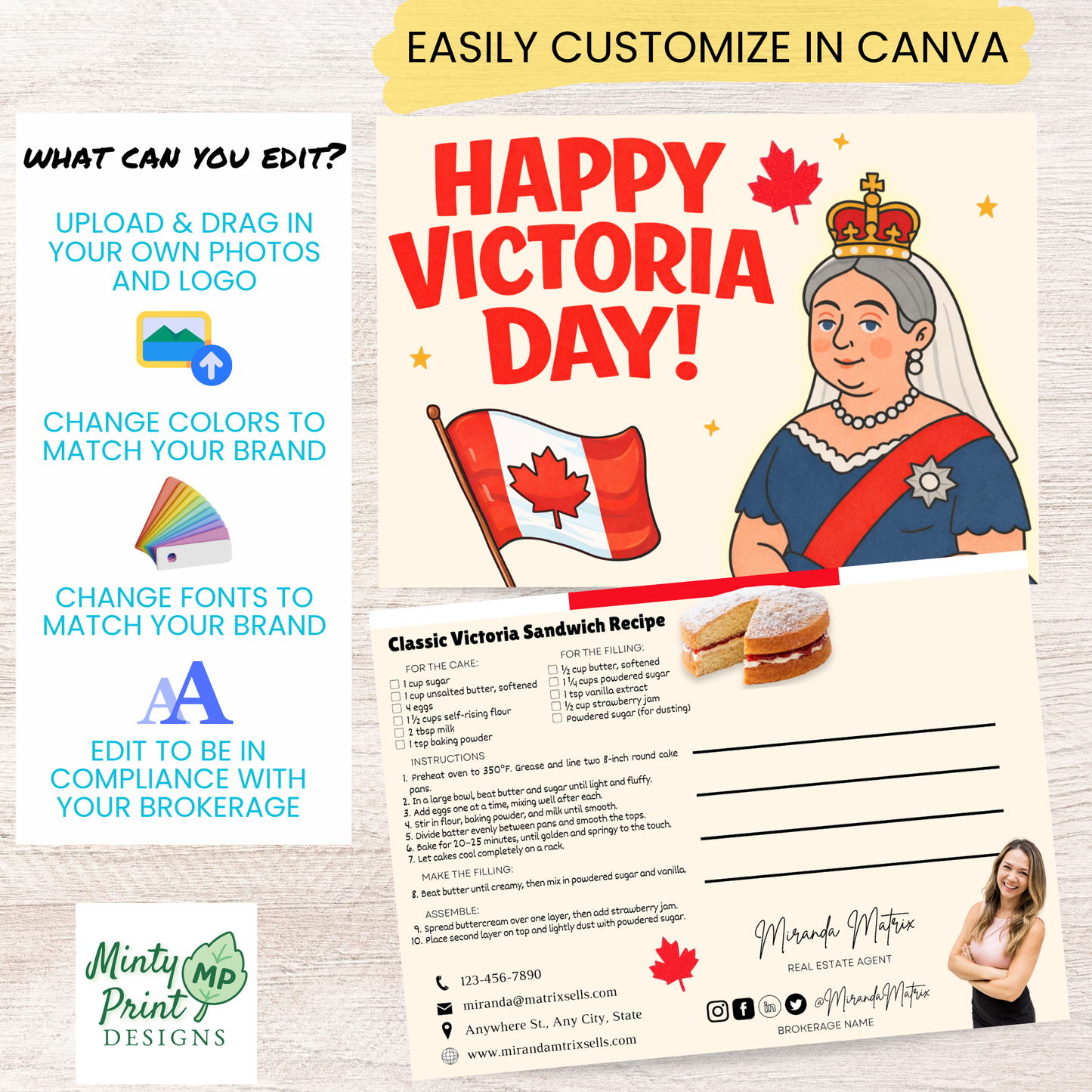 Victoria Day postcard template with recipe and mailing address space for real estate client mailers