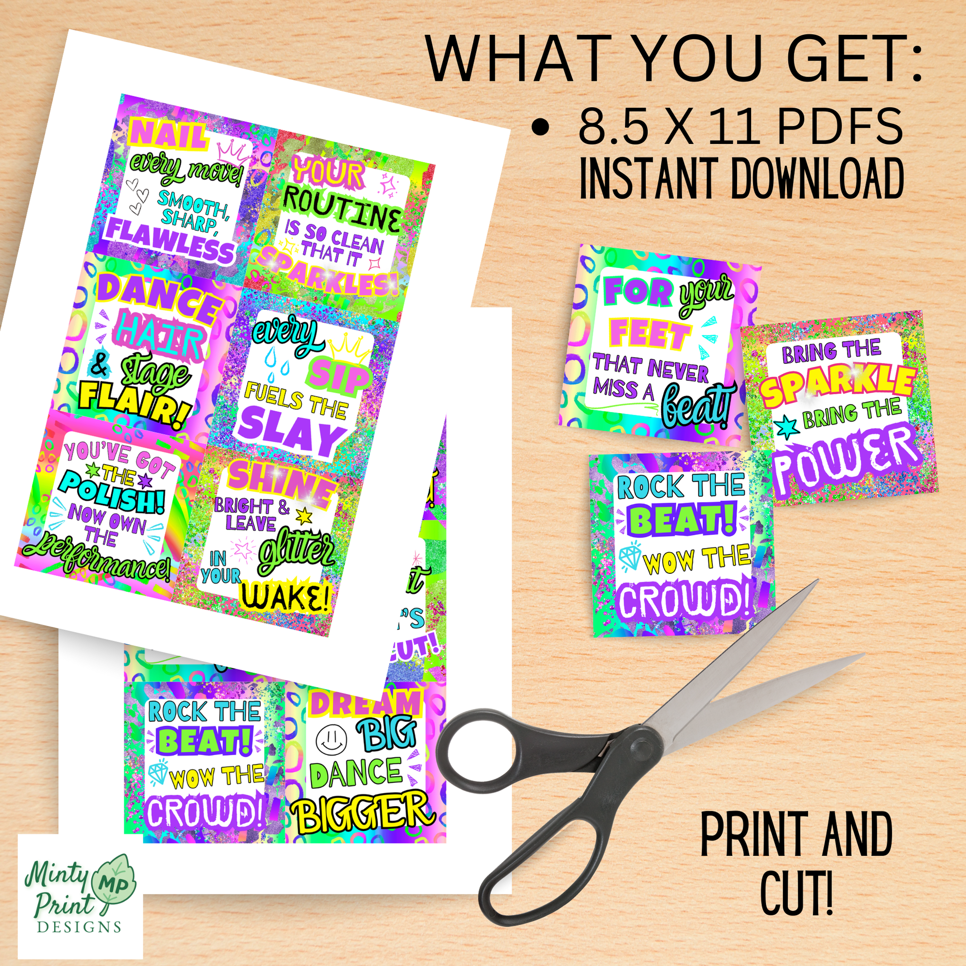 Set of 12 colorful dance-themed gift tags printed on a sheet for recital gifts