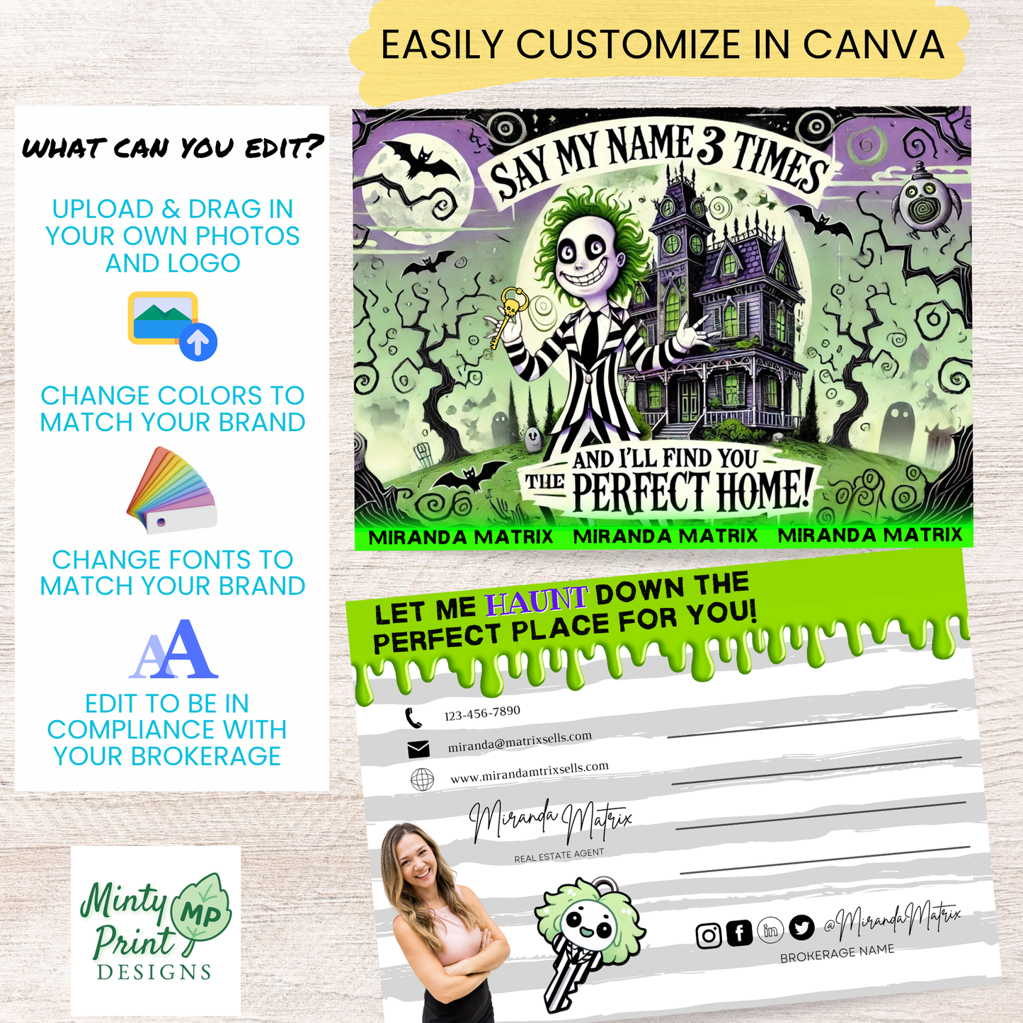 Printable Halloween Realtor postcard featuring spooky real estate sayings, haunted mansion artwork, and matching editable Canva front, back, and mailing template.